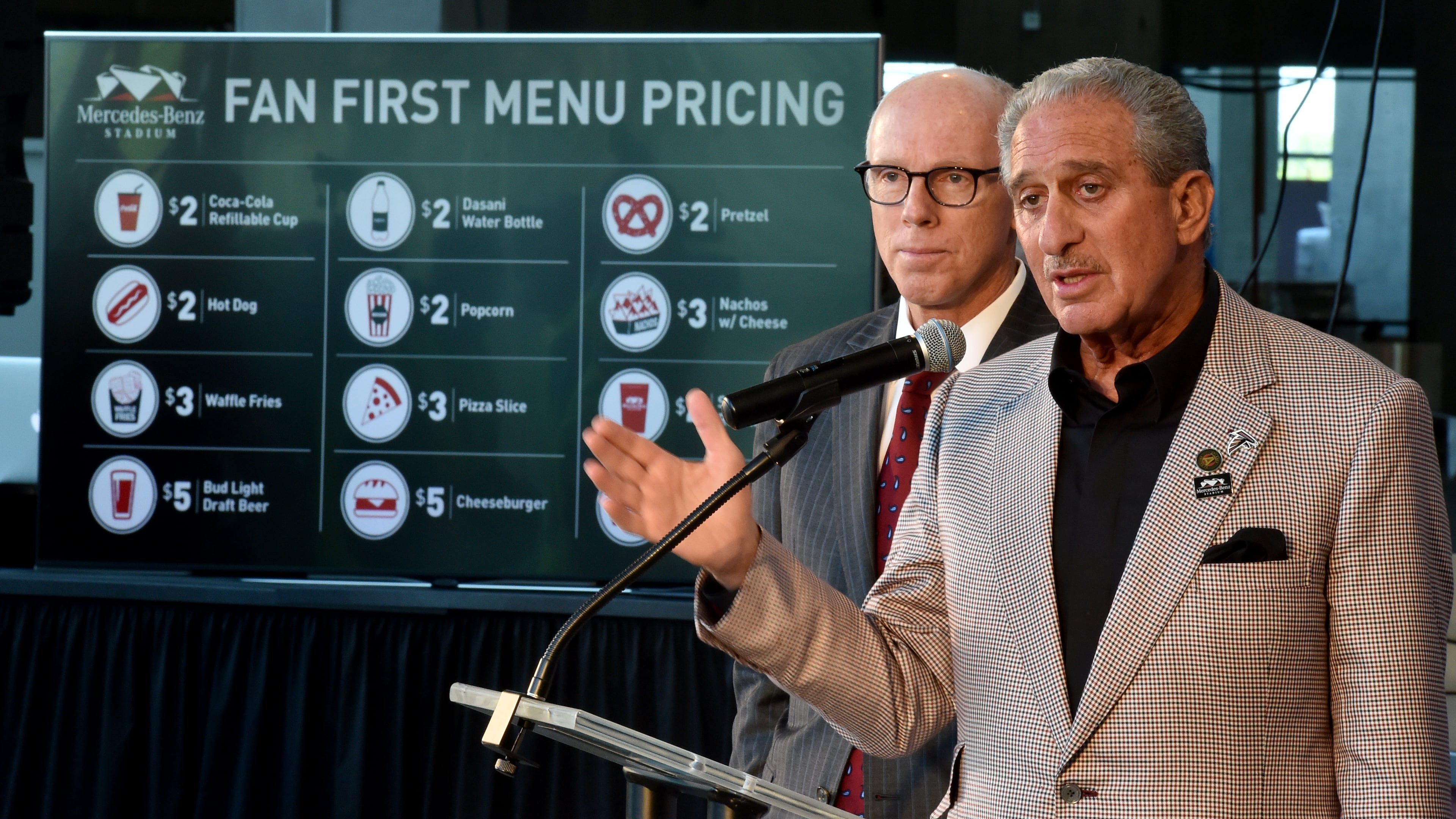 Atlanta Falcons owner Arthur Blank, right, and Falcons President Rich McKay at a press conference at the new Mercedes-Benz Stadium. BRANT SANDERLIN/BSANDERLIN@AJC.COM