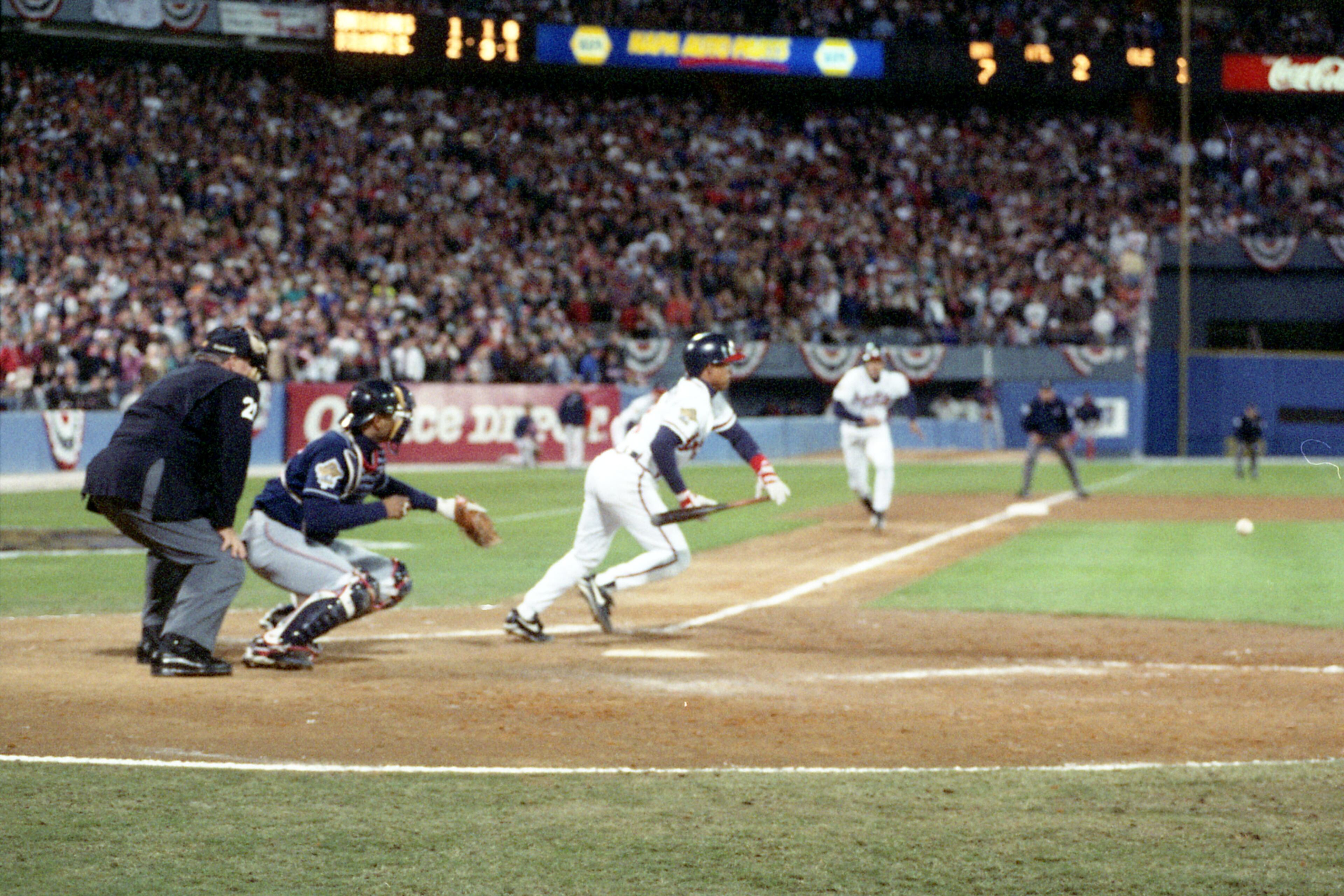 OCTOBER 21, 1995 ATLANTA Rafael Belliard sacrifices the runner over allowing Dave Justice to score in the bottom of the 7th, World Series Game One, 1995 Jonathan Newton/AJC Staff