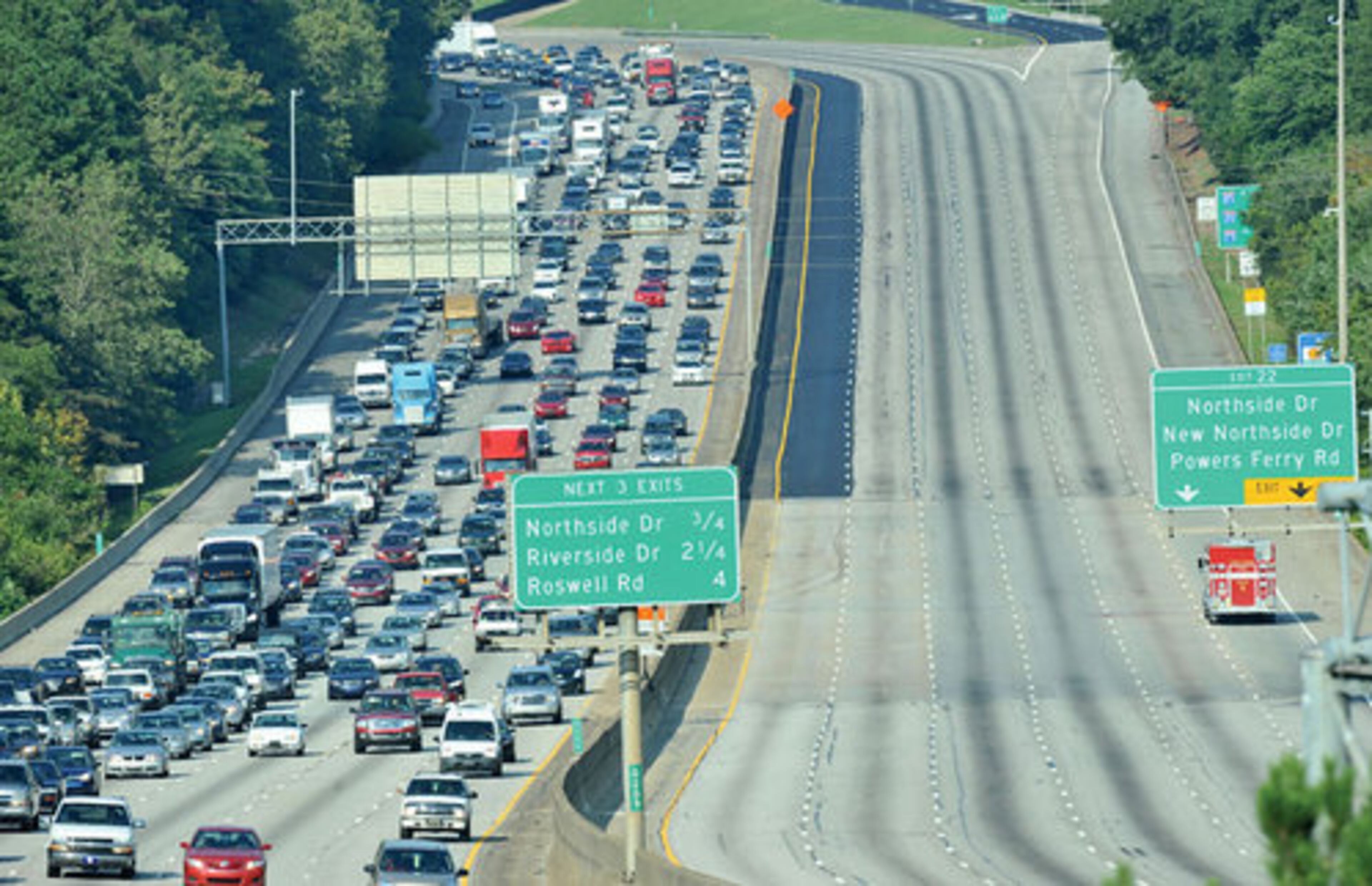 Most lanes of eastbound I-285 near the Chattahoochee River in the Sandy Springs area were blocked Thursday.
