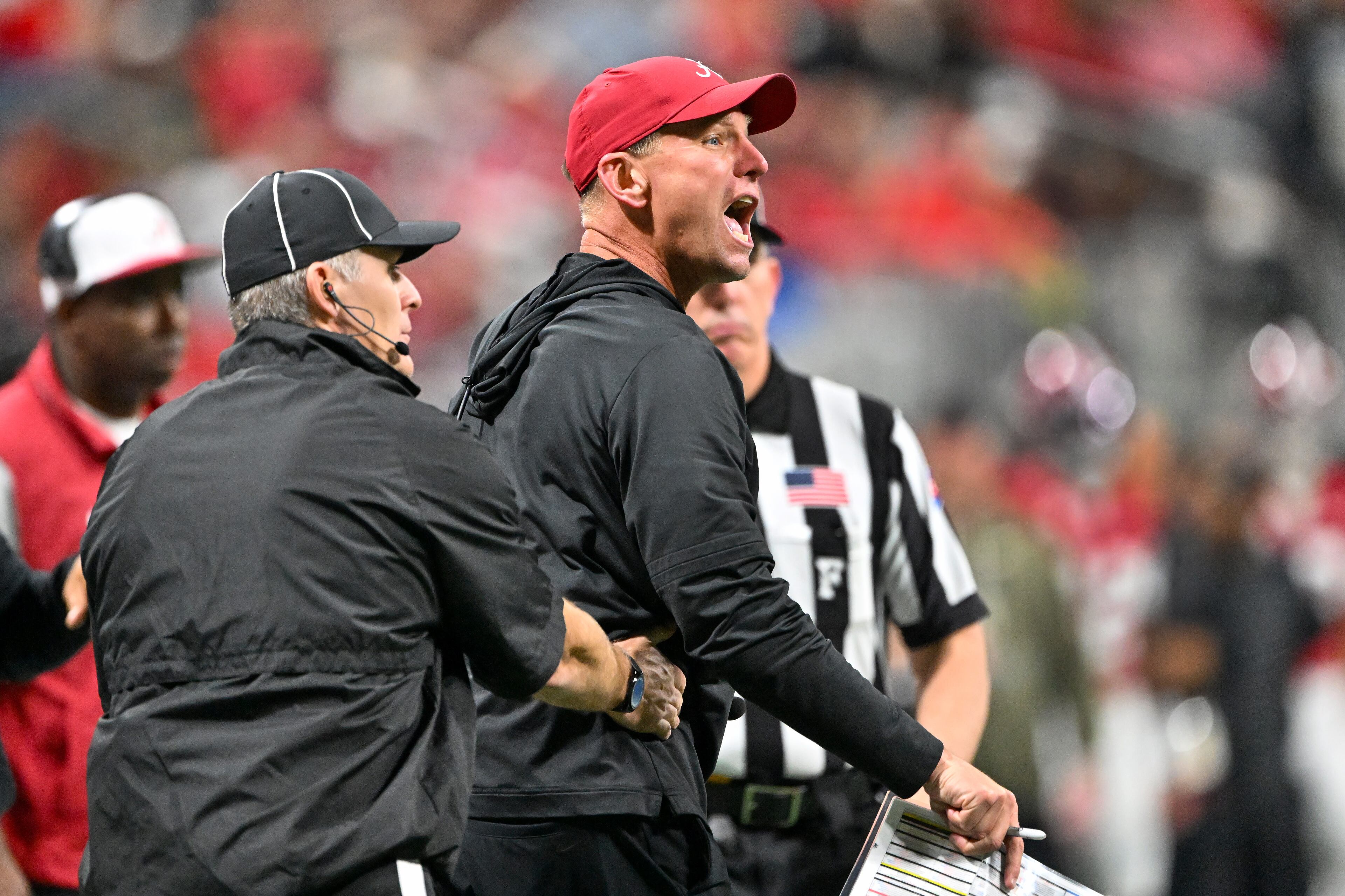 Alabama head coach Kalen DeBoer reacts on the sideline against Georgia during the third quarter of the SEC Championship game at Mercedes-Benz Stadium, Saturday, Dec. 6, 2025, in Atlanta. (Hyosub Shin / AJC)