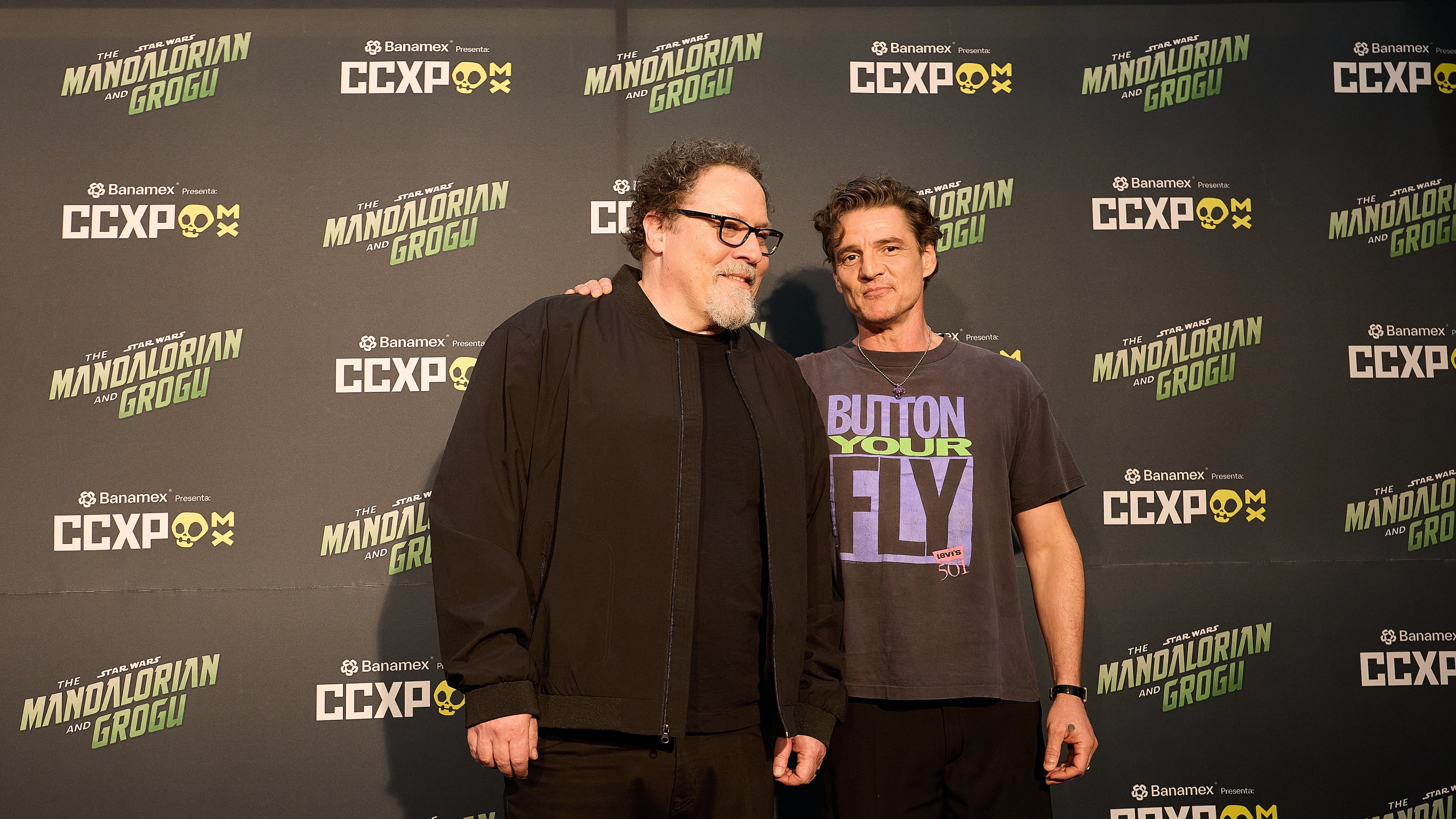 Jon Favreau, left, and Pedro Pascal pose for photos at CCXP Mexico in Mexico City, Sunday, April 26, 2026. (AP Photo/Ginnette Riquelme)