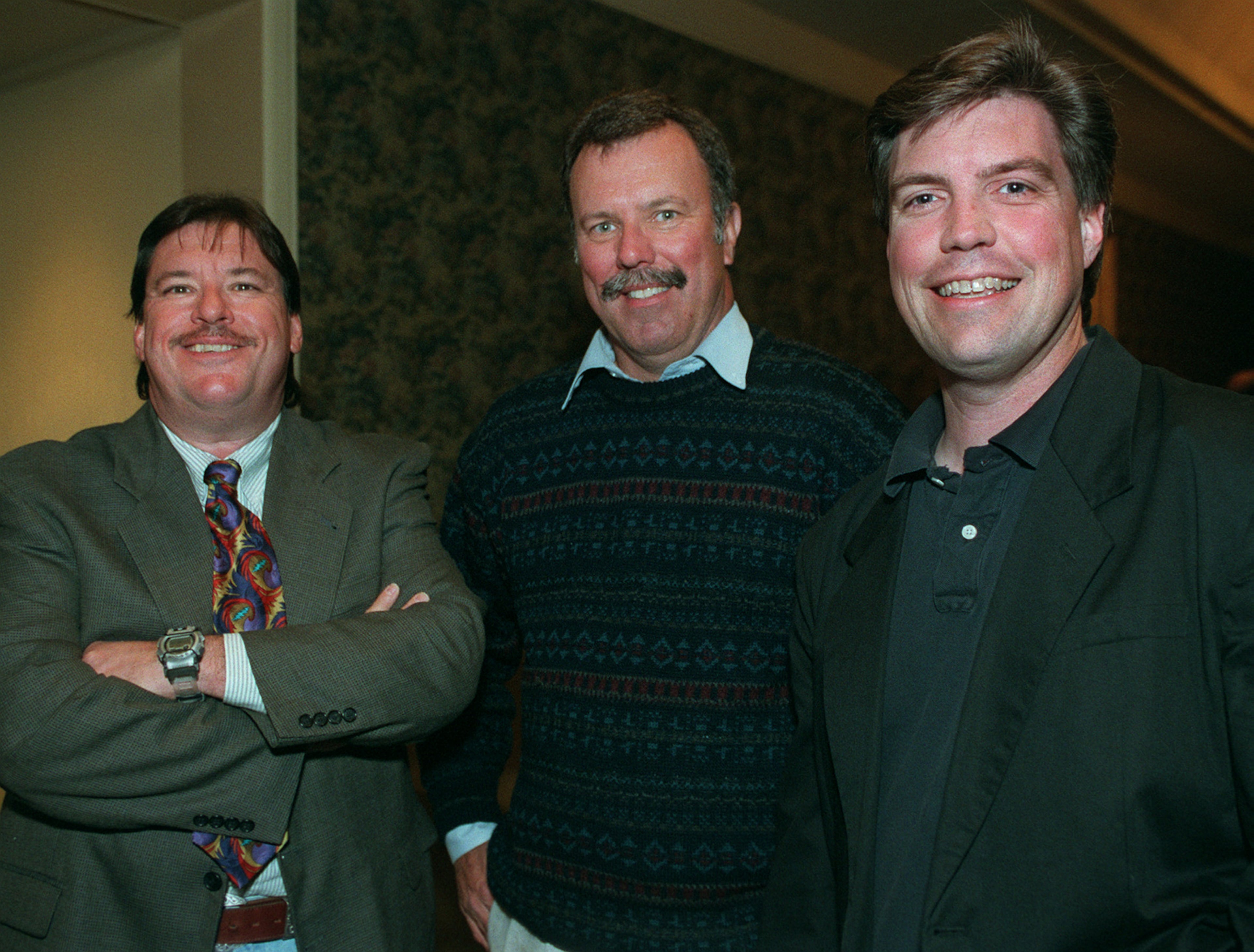 981109 ATLANTA, GA: From left, Rhubarb Jones (cq) of Y106, Keith Kalland (cq) of WGST and Mike Stiles, producer of the Steve and Vikki show, at the Achievement in Radio awards Monday at the Ritz Carlton Buckhead. (JEAN SHIFRIN)