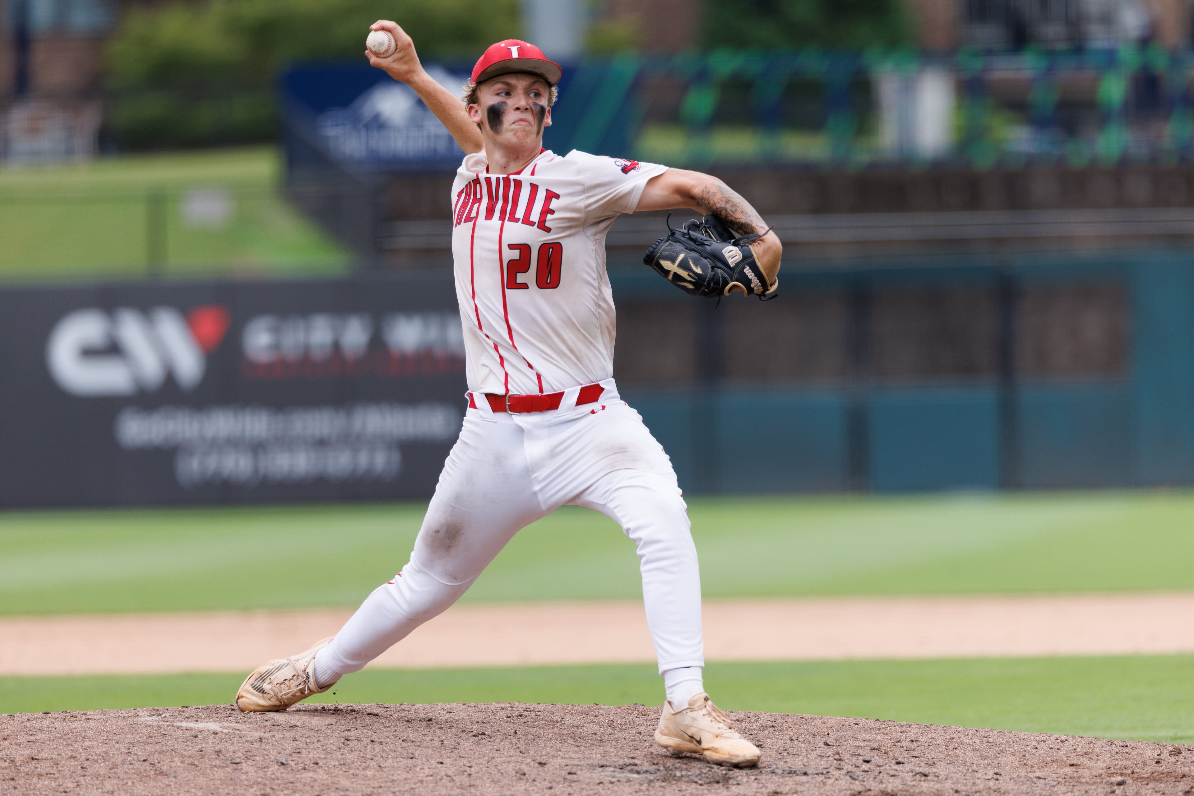 Loganville pitcher Jake Boland (20) pitches the ball to a Pope batter during the first inning of Game 1 of the GHSA Class 5A Baseball State Championship Series at Gwinnett Field on Monday, May 25, 2026, in Lawrenceville. (Estela Muñoz/AJC)