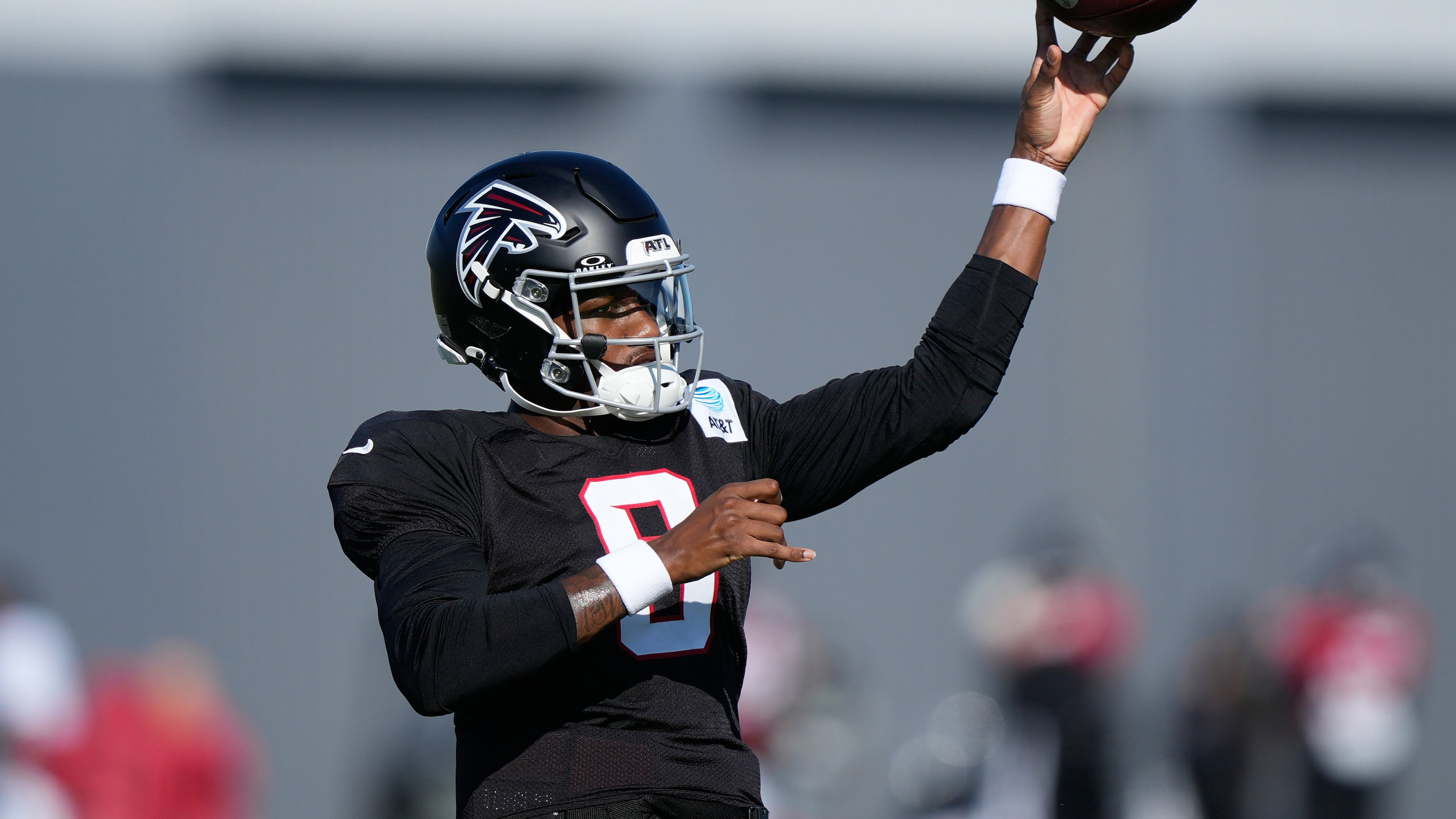 Atlanta Falcons quarterback Michael Penix Jr. (9) runs drills during an NFL football training camp practice on Monday, Aug. 17, 2026, in Flowery Branch, Ga. (AP Photo/Brynn Anderson)