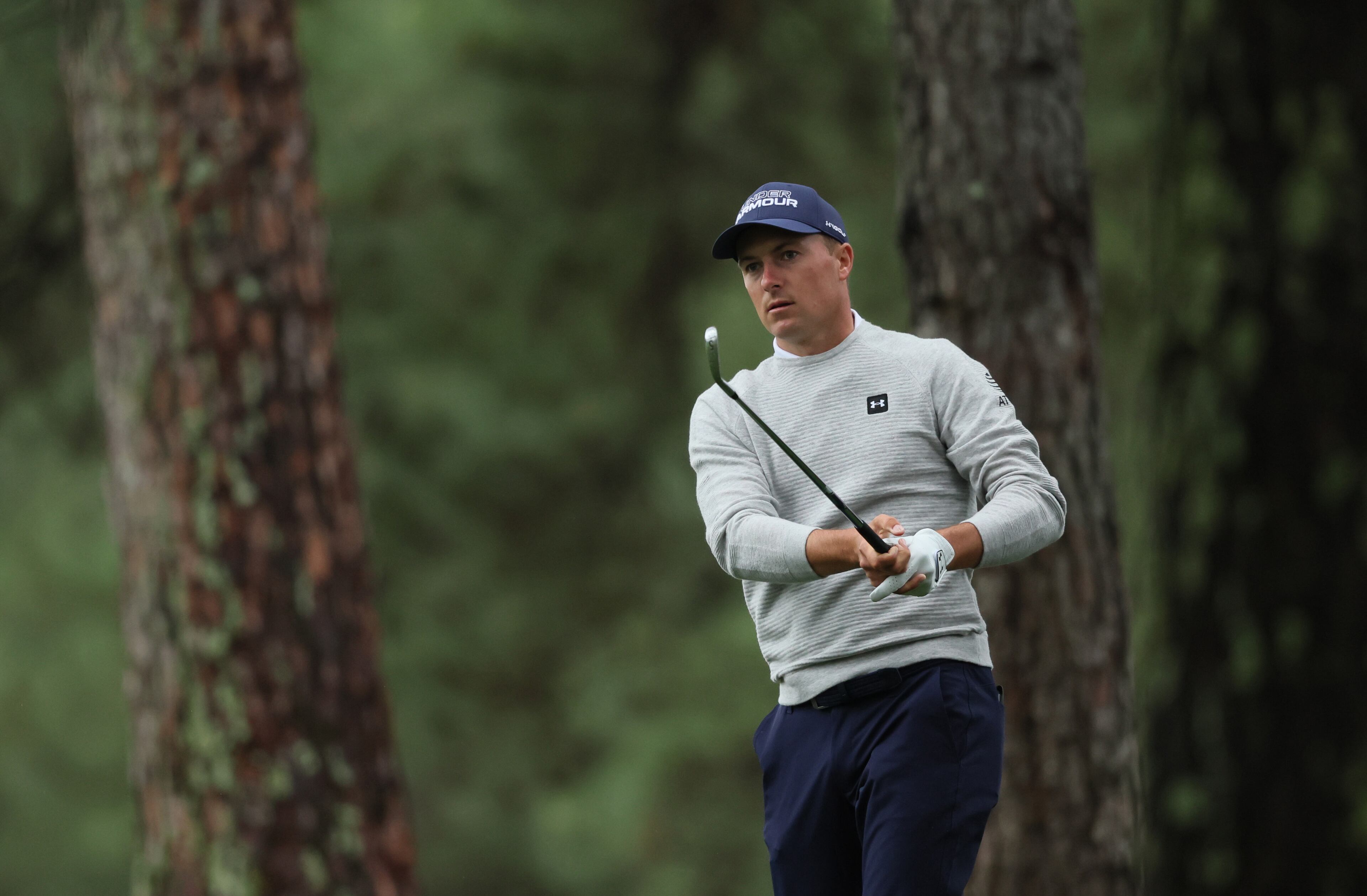 Jordan Spieth from fairway on first hole during third round of the 2023 Masters Tournament at Augusta National Golf Club, Saturday, April 8, 2023, in Augusta, Ga. (Jason Getz / Jason.Getz@ajc.com)
