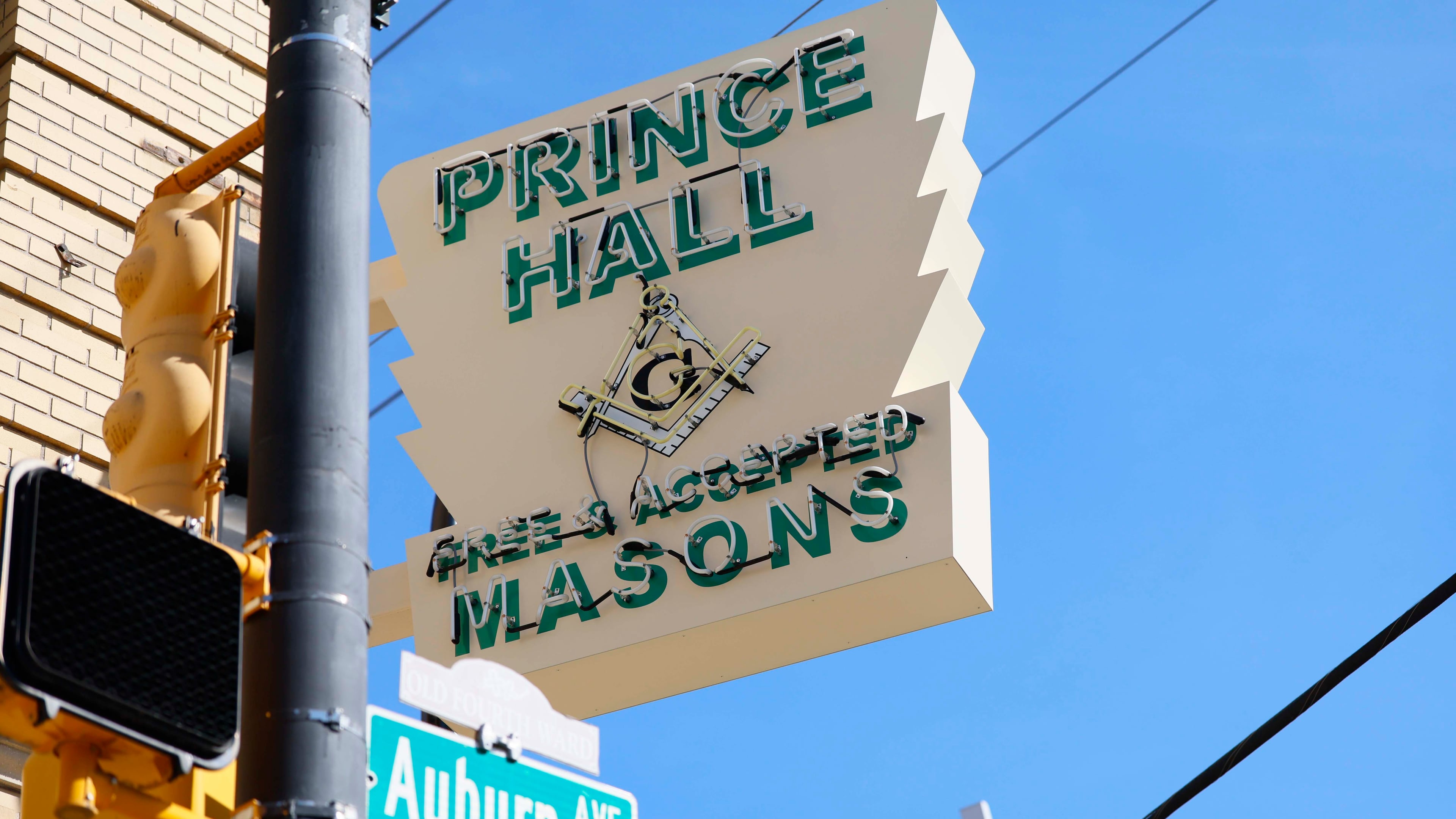 The signs that once adorned the historic Prince Hall Masonic Temple and Lodge on Auburn Avenue in the past can still be seen. The newly renovated building is now part of the Martin Luther King Jr. National Historical Park. (Miguel Martinez/AJC)