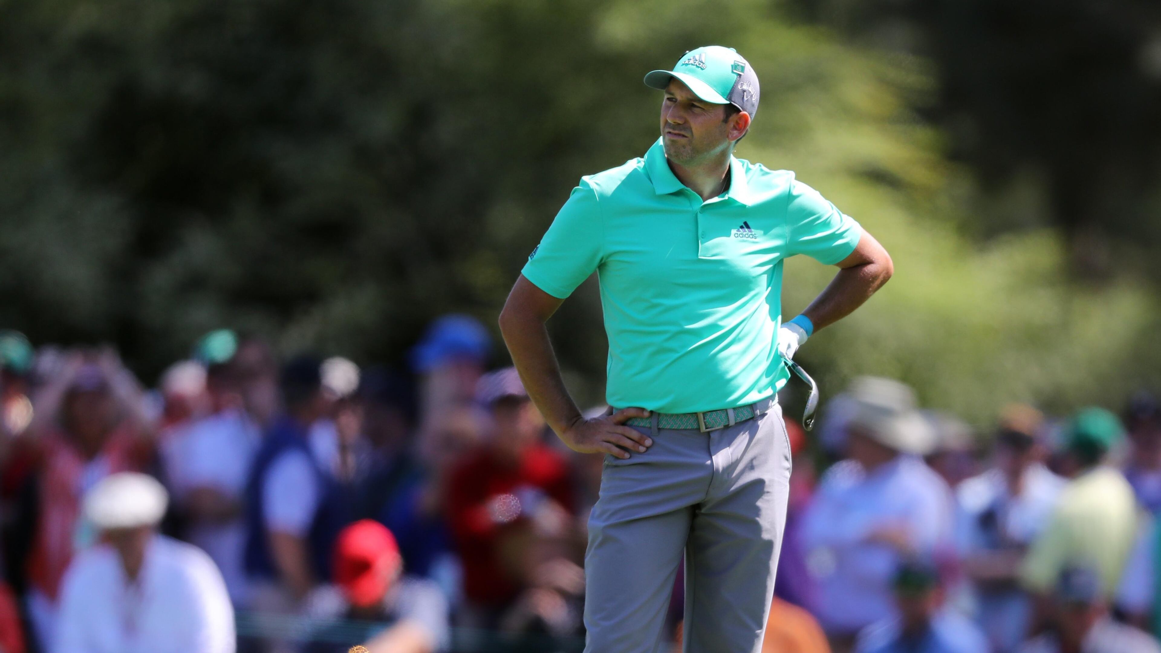 Sergio Garcia reacts after he hit four shots into the pond on 15. during the first round of the Masters at Augusta National Golf Club on Thursday, April 5, 2018, in Augusta. Curtis Compton/ccompton@ajc.com