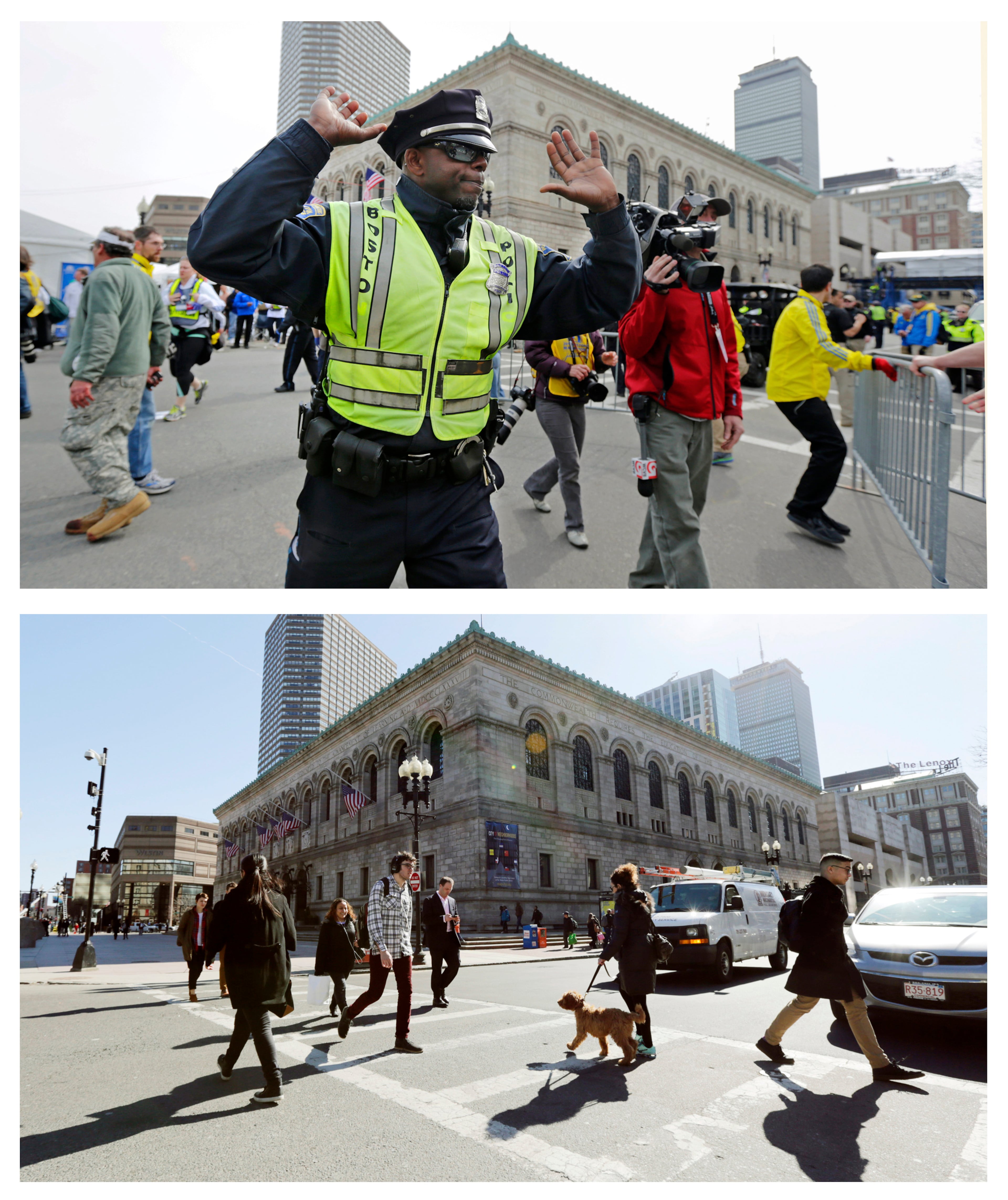 This combination of April 15, 2013 and April 2, 2014 photos show a police officer clearing Boylston Street following a bomb blast near the finish line of the 2013 Boston Marathon, and pedestrians crossing at the same corner nearly a year later in Boston. (AP Photo/Charles Krupa)