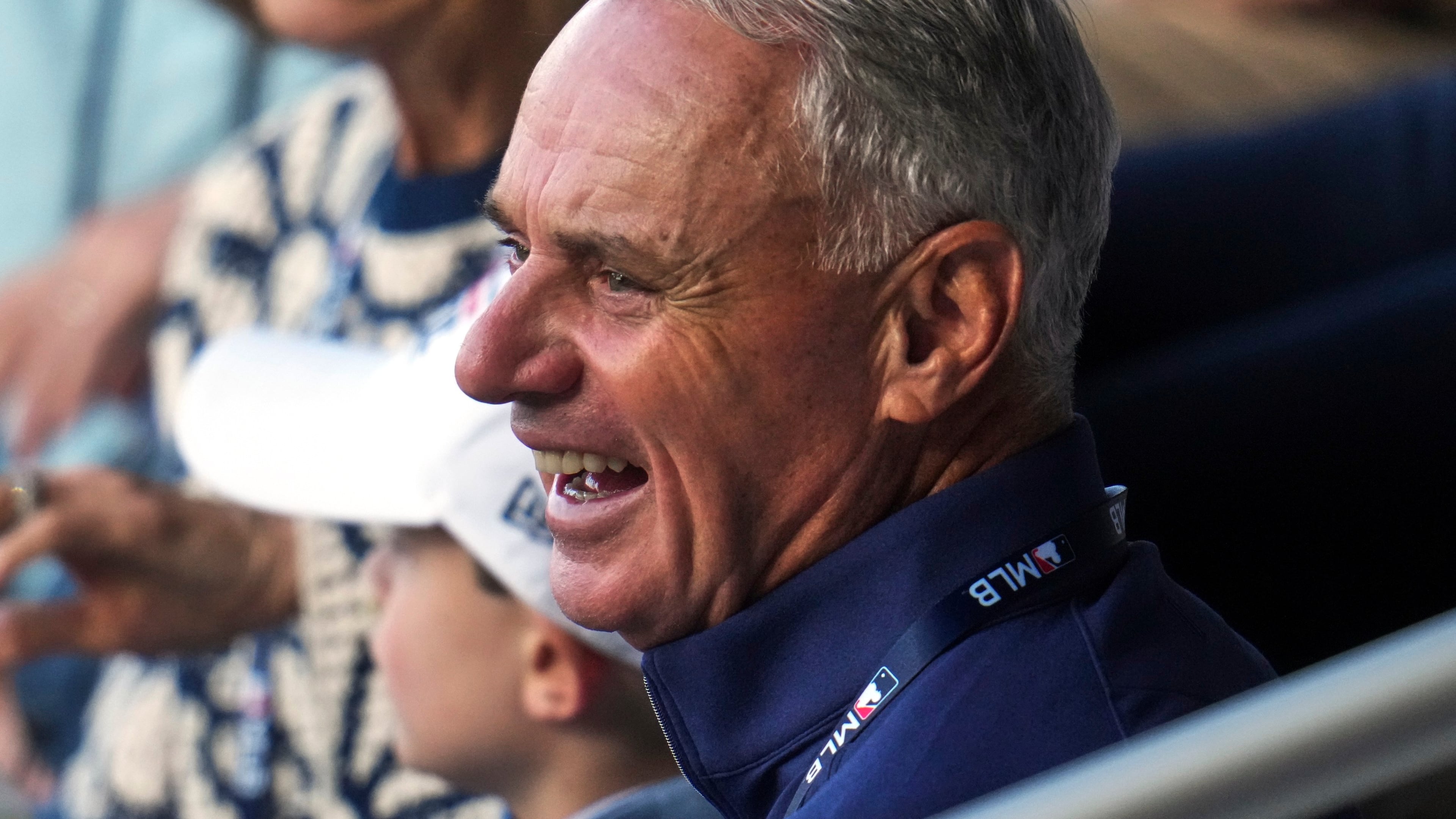 Baseball Commissioner Rob Manfred attends the Little League Classic baseball game between the Milwaukee Brewers and the Atlanta Braves in Williamsport, Pa., Sunday, Aug. 23, 2026. (AP Photo/Gene J. Puskar)