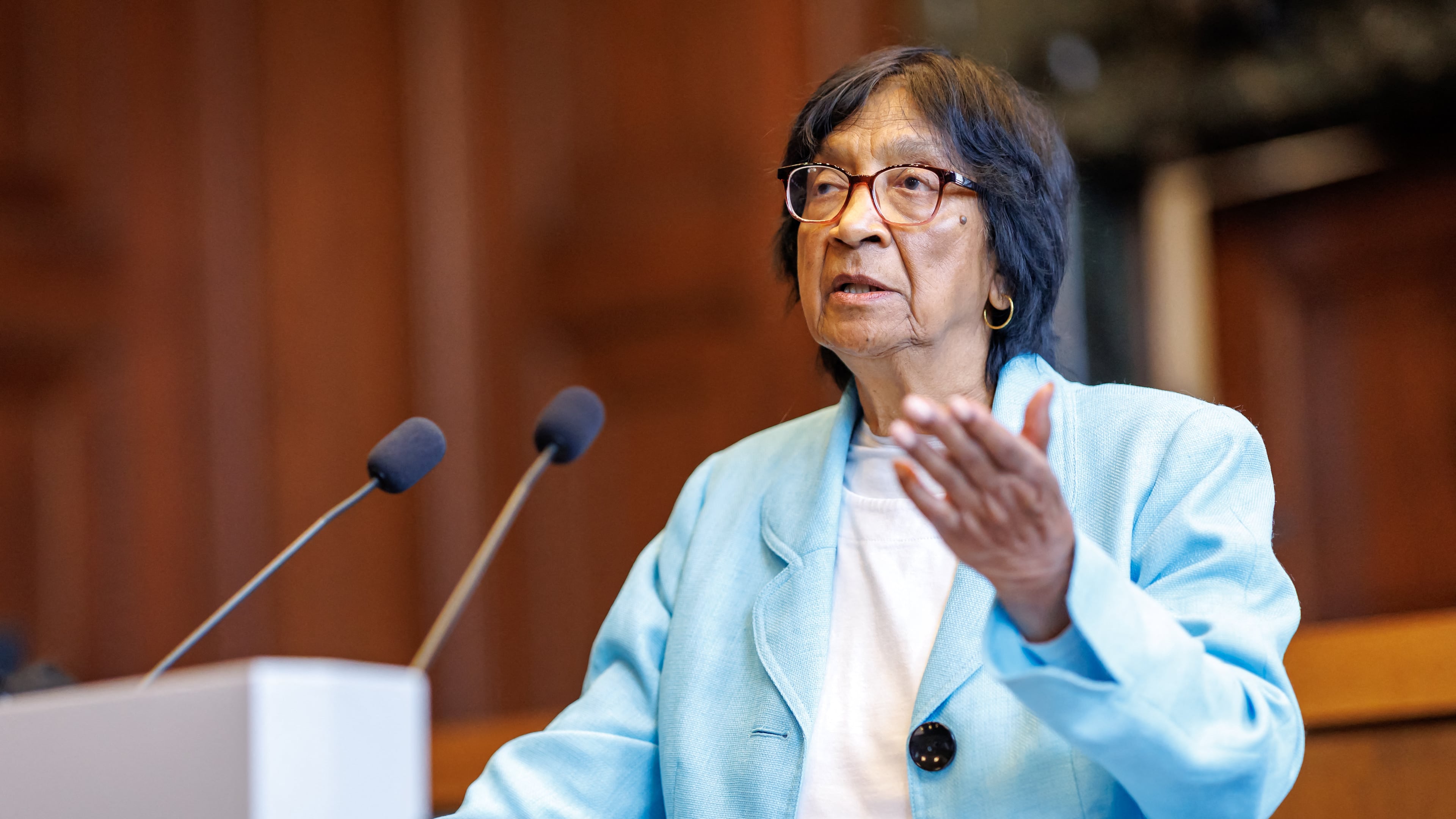 South African-born jurist and former U.N. human rights chief Navanethem "Navi" Pillay, speaks at the Nuremberg Forum in Nuremberg, Germany, Friday, Oct. 9, 2026, following the announcement that she had been awarded the 2026 Nobel Peace Prize. (Daniel Karmann/dpa via AP)
