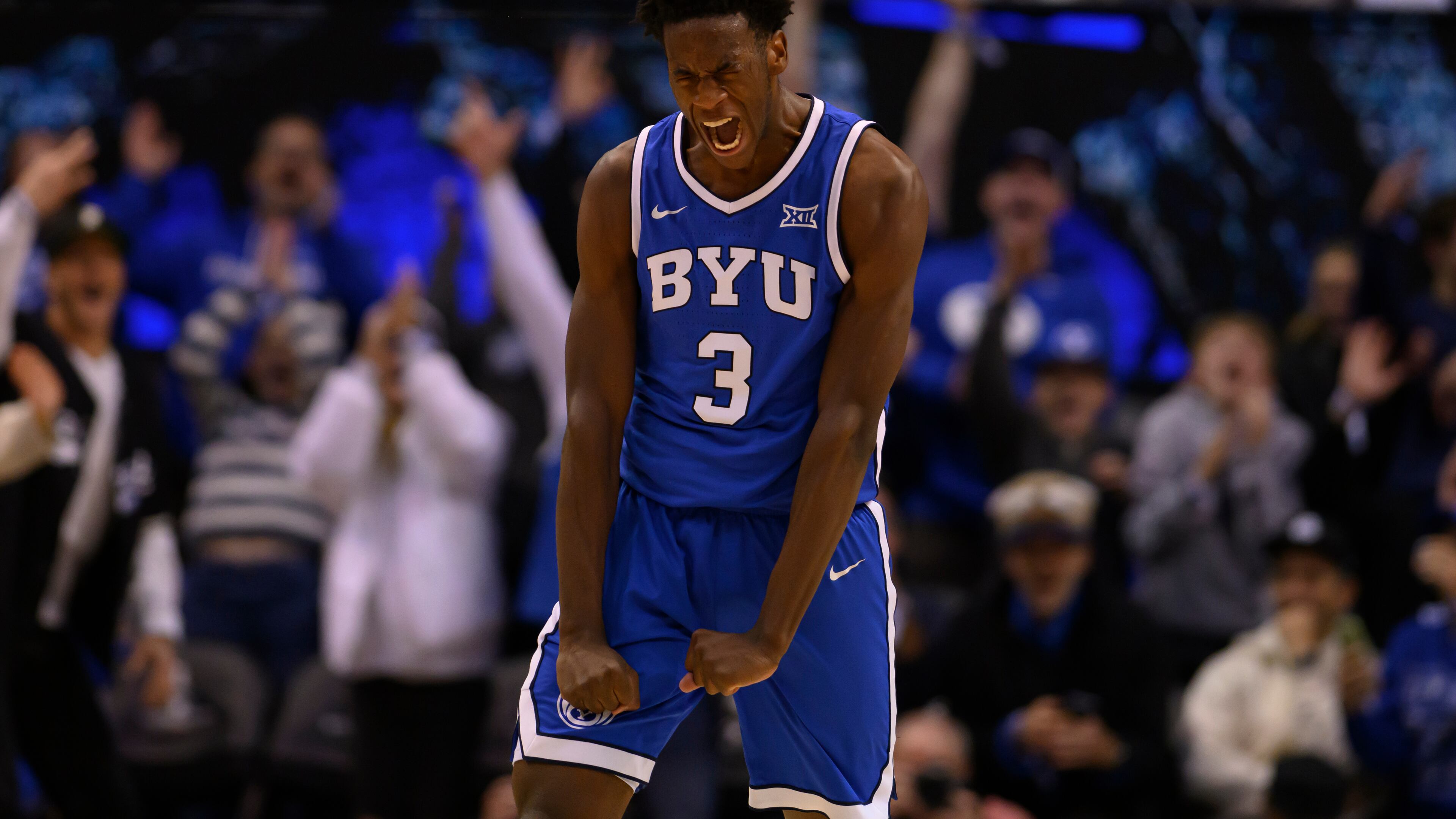 BYU forward AJ Dybantsa reacts to scoring a career high and new freshman record at BYU during the second half of an NCAA college basketball game against Utah, Saturday, Jan. 24, 2026, in Provo, Utah. (AP Photo/Tyler Tate)