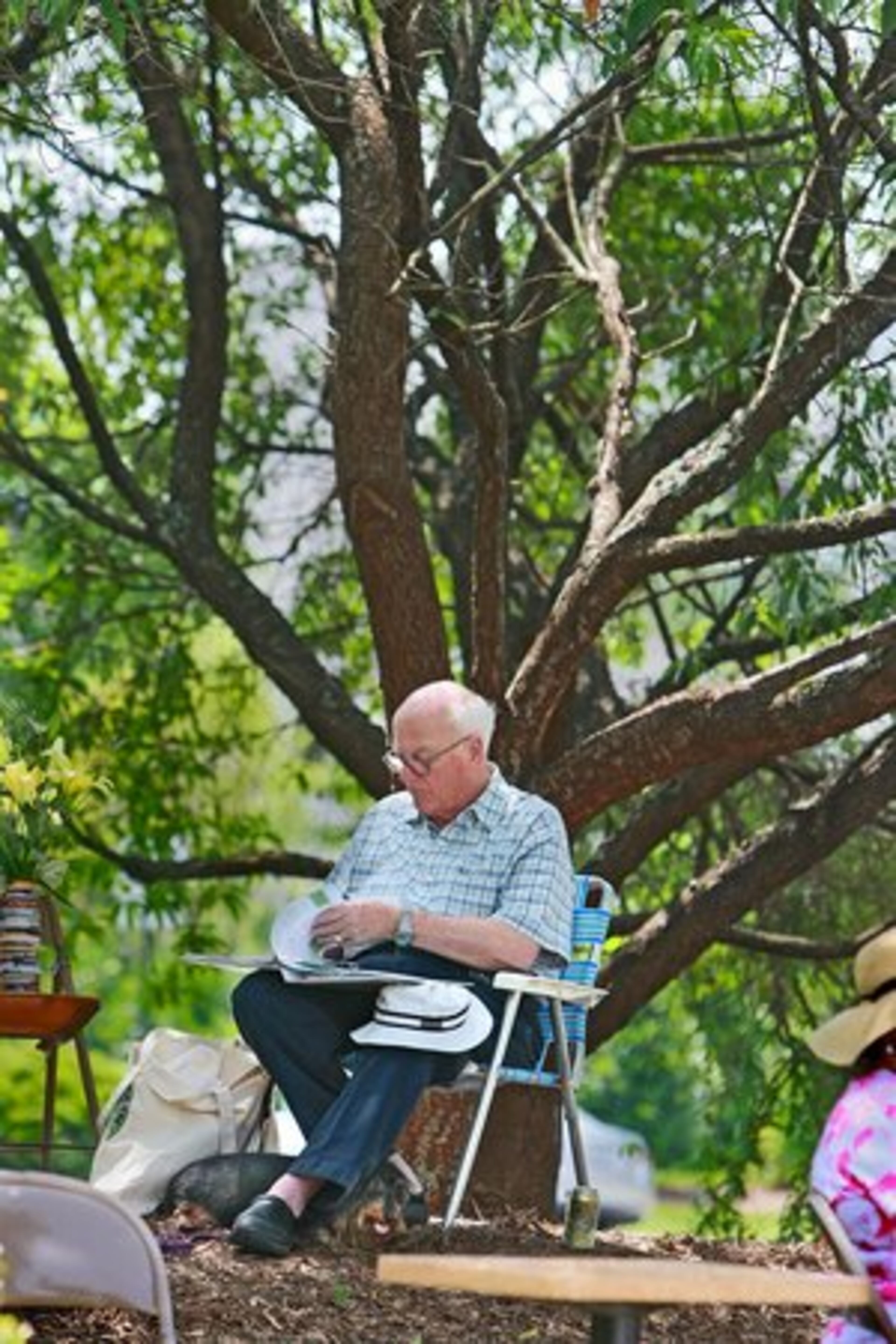 Linton Hopkins Sr. catches up on some reading with his dog, Kitty Valentine, a wire-haired Dachshund, under the only authentic peach trees on Peachtree Road Saturday. Hopkins' son, Linton Hopkins Jr., is the founder of the market.