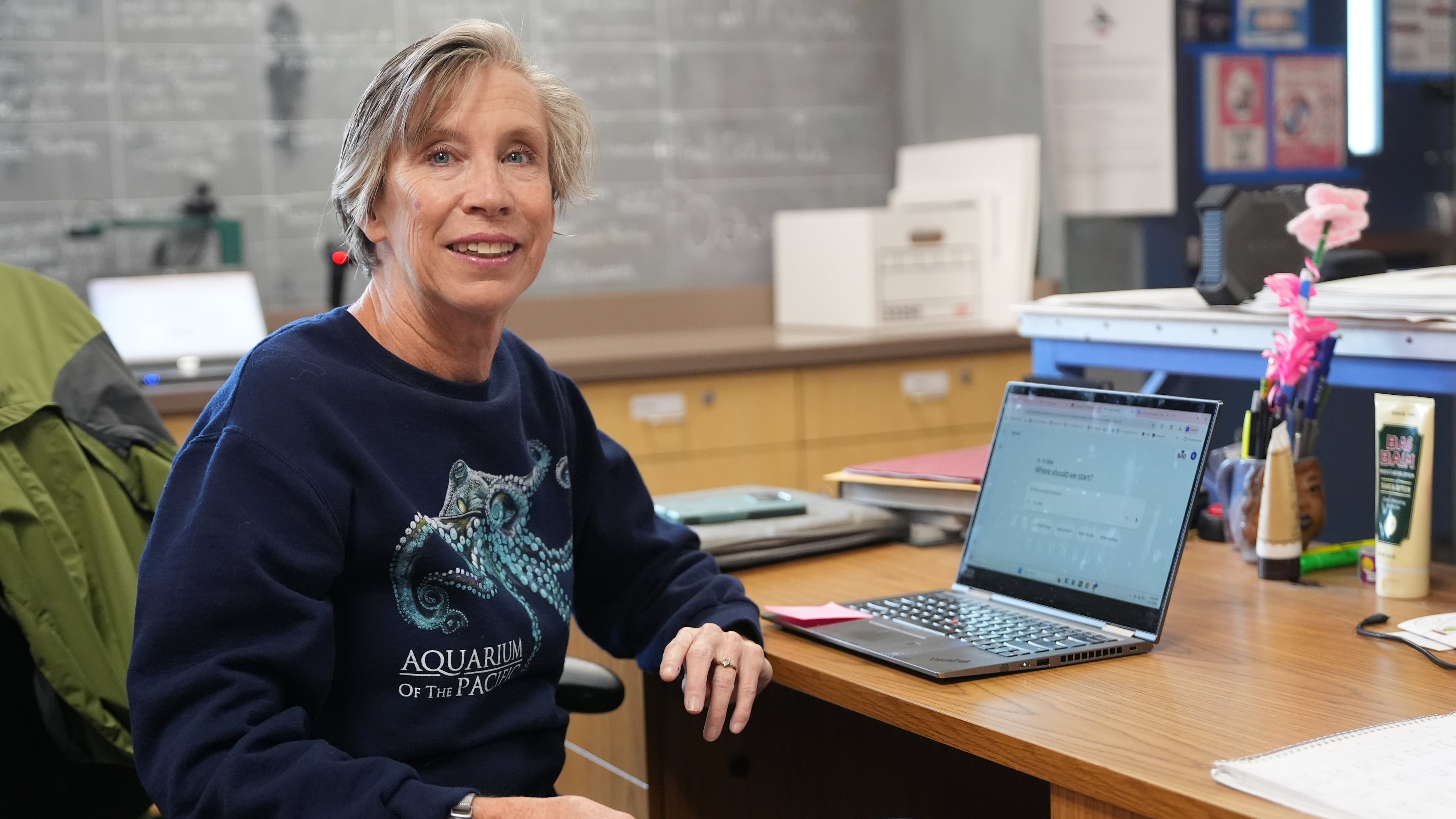 Art teacher Joyce Hatzidakis poses for a portrait in her classroom Thursday, Jan. 22, 2026, Riverside, Calif. (AP Photo/Damian Dovarganes)