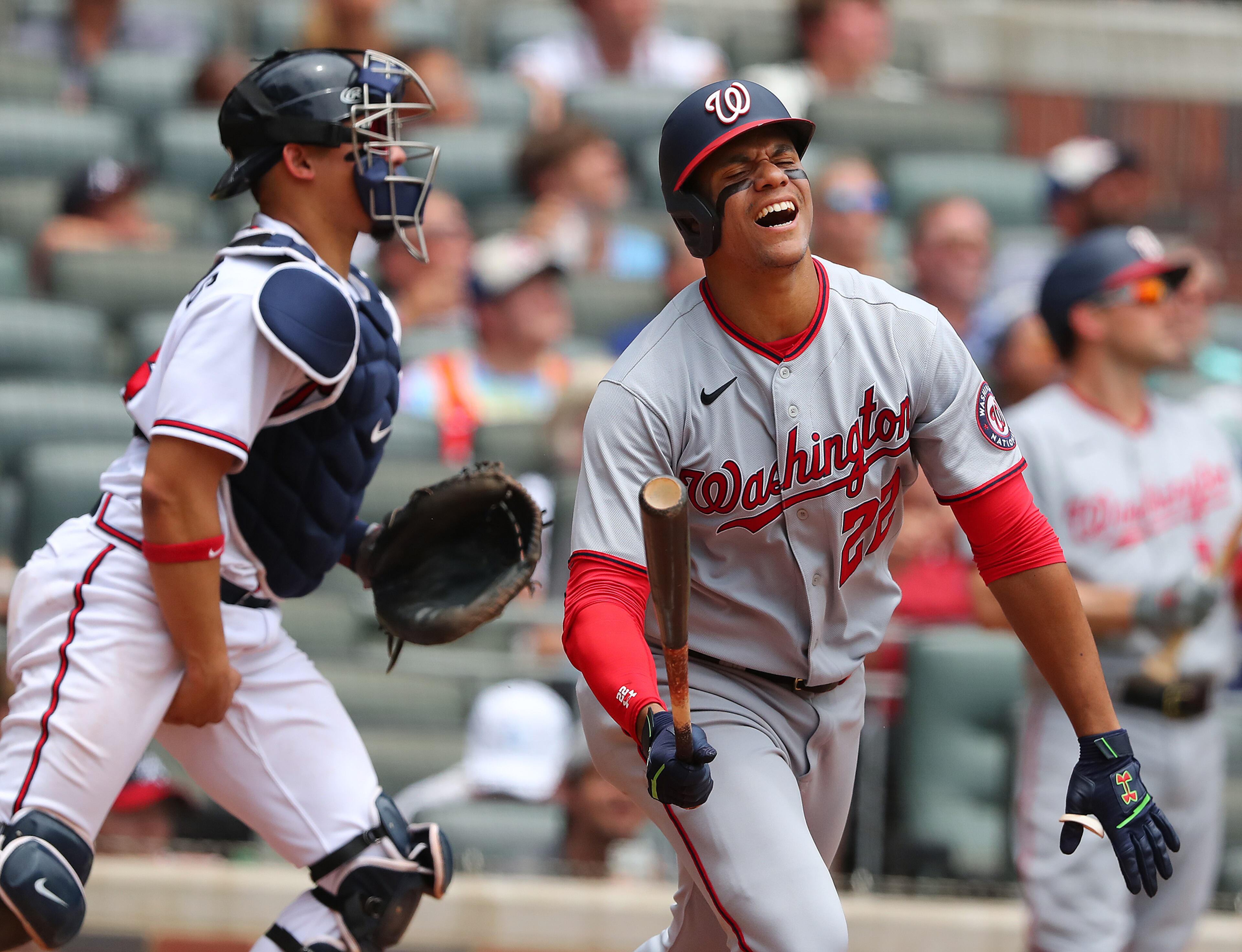 Washington Nationals' Juan Soto reacts to flying out during the sixth inning in a 5-1 loss to the Braves in a MLB baseball game on Thursday, Jun 3, 2021, in Atlanta. “Curtis Compton / Curtis.Compton@ajc.com”