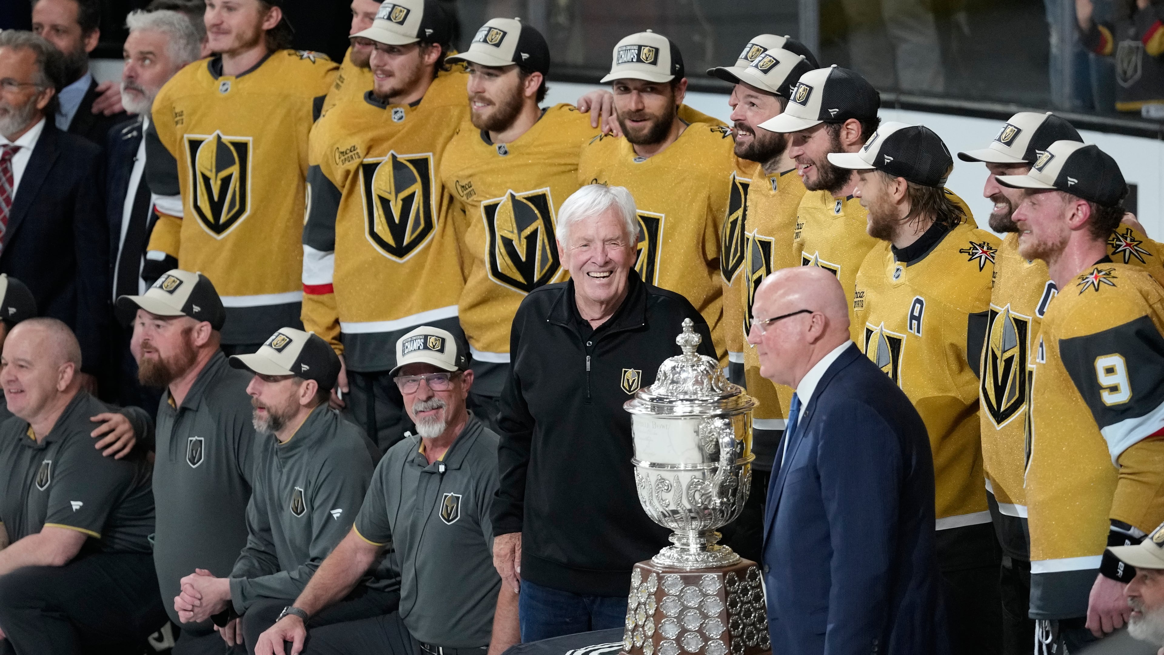 Vegas Golden Knights owner Bill Foley, middle, celebrate after winning Game 4 of the Western Conference finals NHL hockey Stanley Cup playoff series against the Colorado Avalanche Tuesday, May 26, 2026, in Las Vegas. (AP Photo/John Locher)