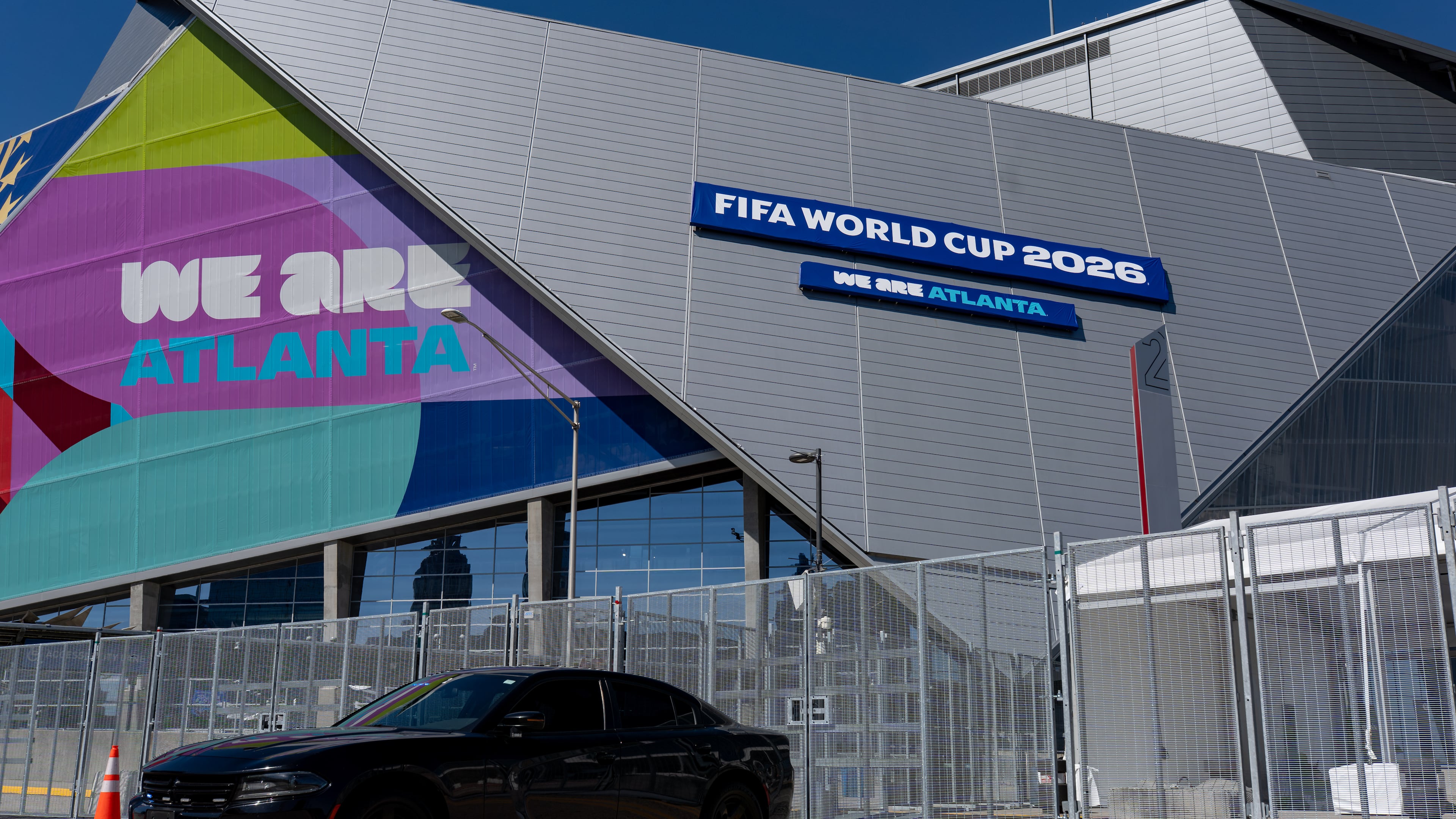 New fencing is added outside of the Mercedes-Benz Stadium on Thursday, June 4, 2026. (Ben Hendren for the AJC)