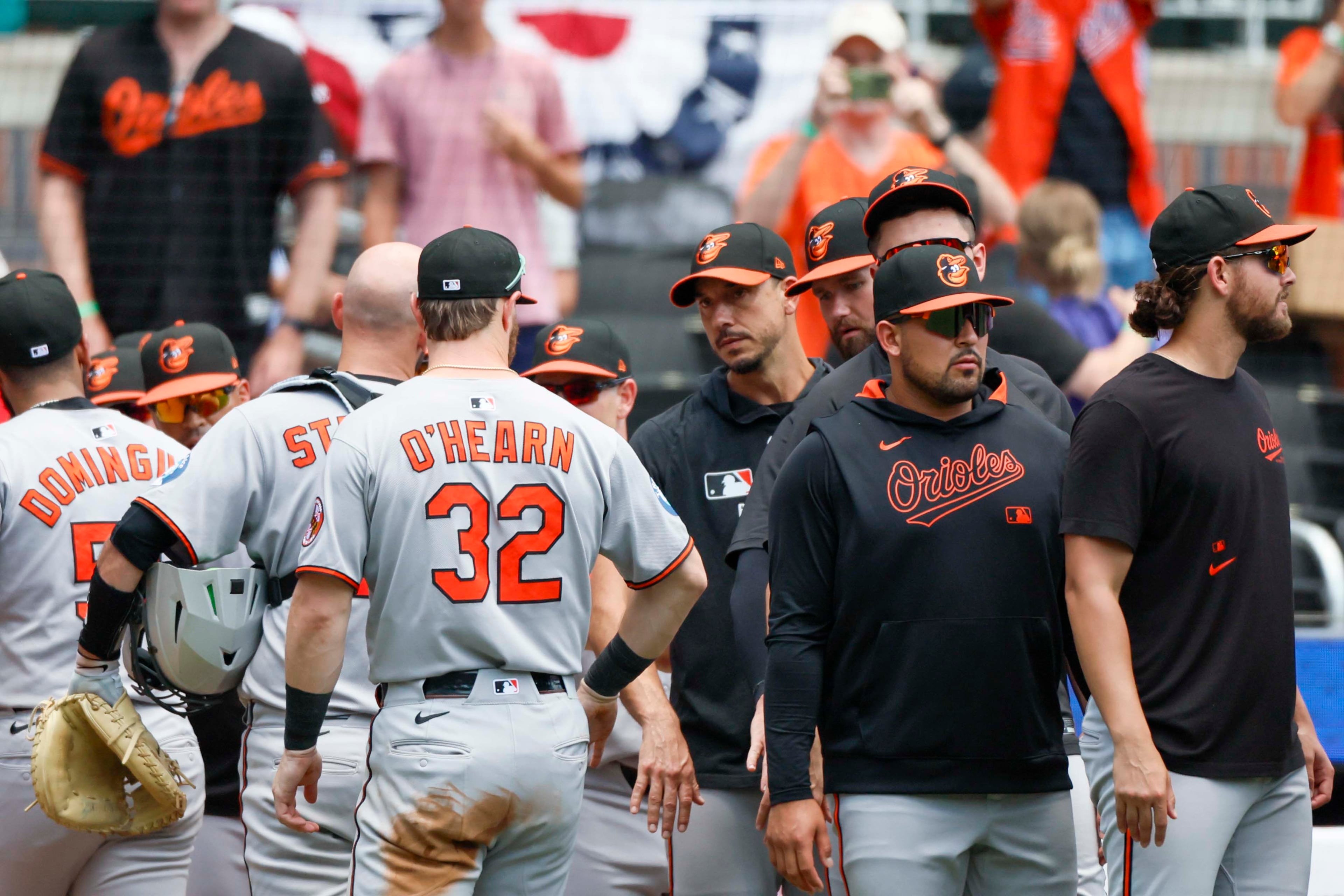 Baltimore Orioles players including former Atlanta Braves pitcher Charlie Morton (center) celebrate after defeating 2-1 to the Atlanta Braves at Truist Park on Sunday, July 6, 2025, in Atlanta.
(Miguel Martinez/ AJC)