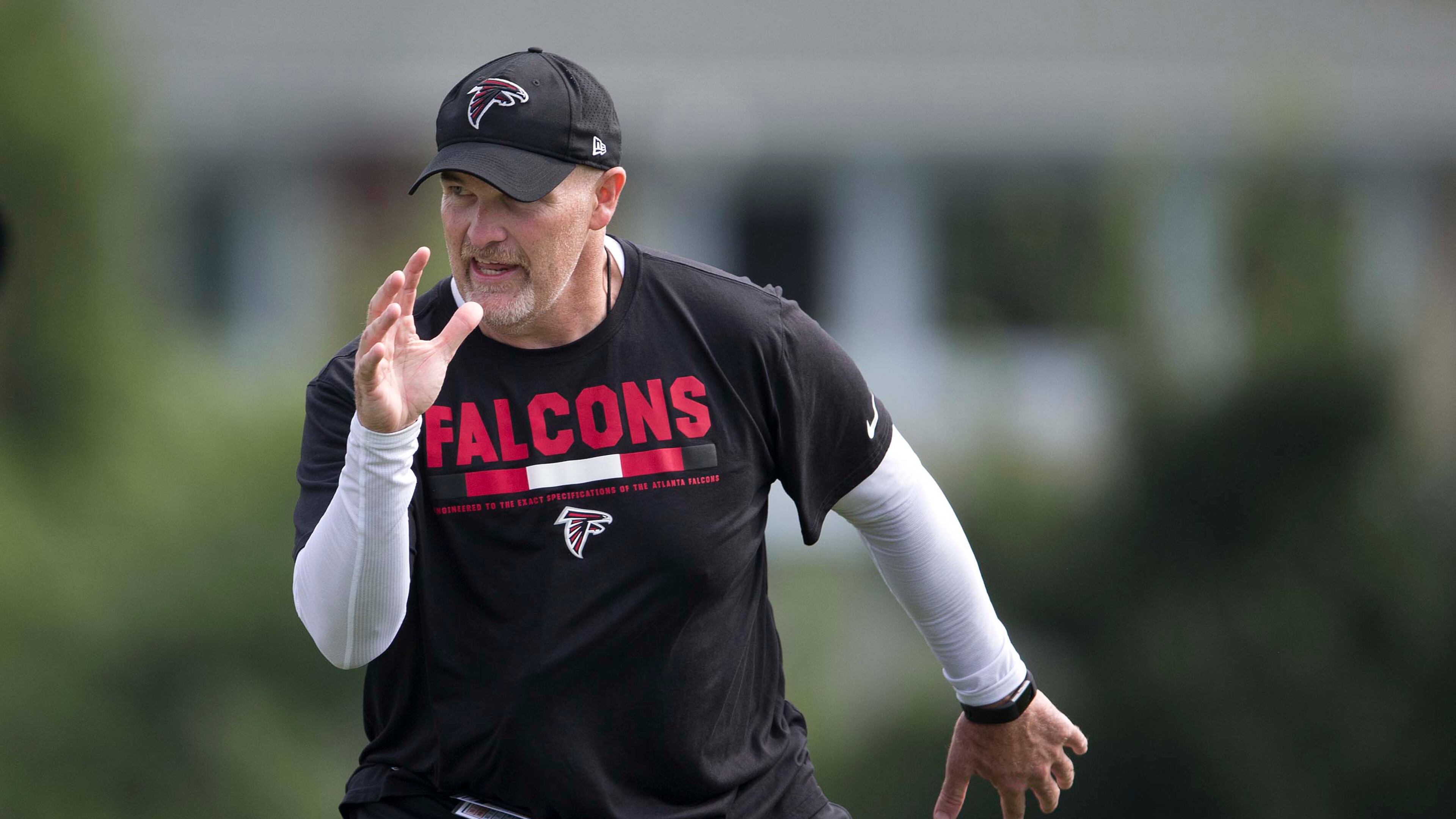Falcons coach Dan Quinn believes his team is headed in the right direction as it begins division play against Carolina Sunday. (AP photo)