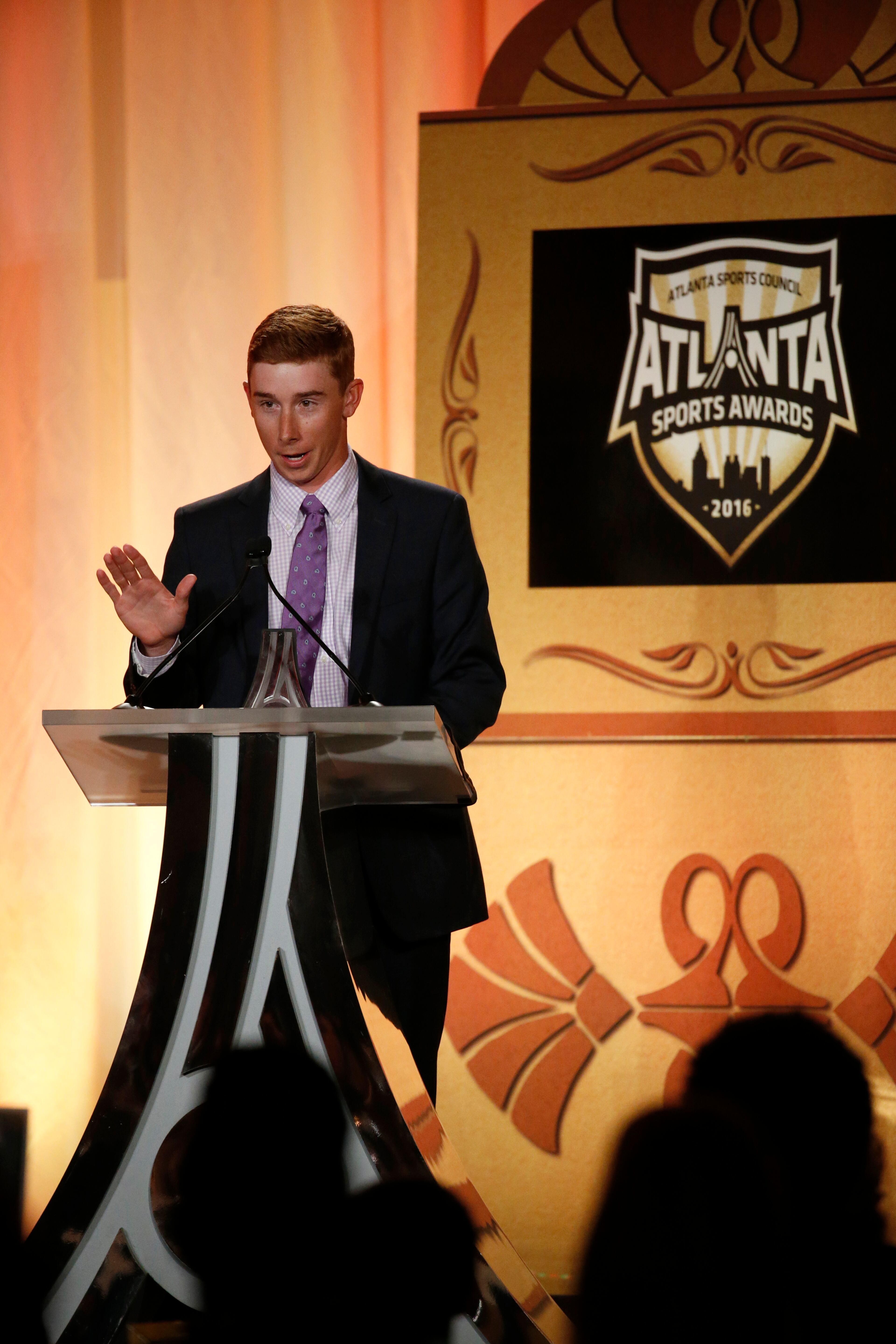 University of Georgia golfer Lee McCoy accepts the Collegiate Athlete of the Year award during the Atlanta Sports Awards at the Fox Theatre Thursday, February 25, 2016, in Atlanta. PHOTO / JASON GETZ