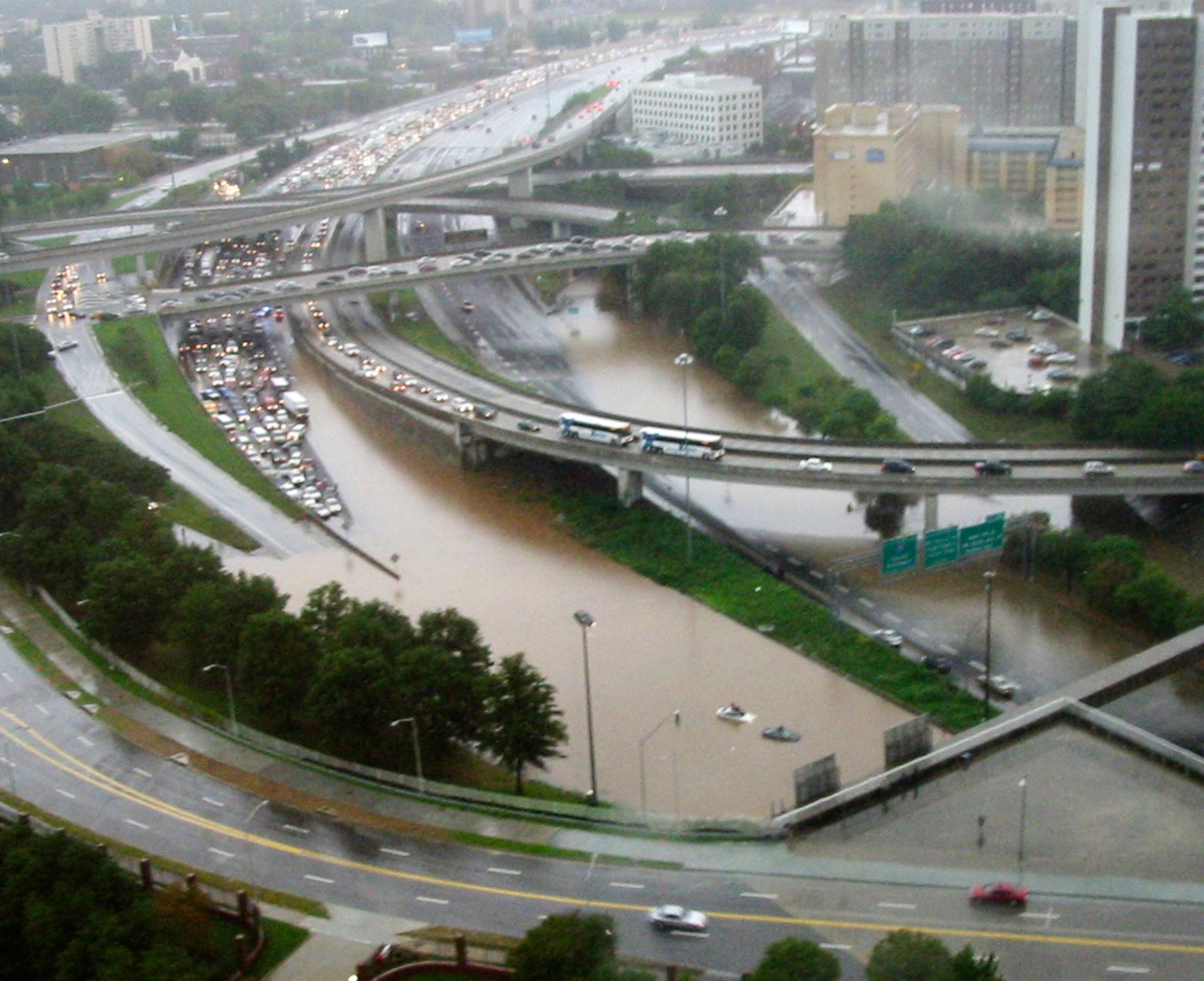 An overhead view looking South shows the flooded downtown connector just North of the International Boulevard/Ellis Street interchange. Glenn Dyke, Special