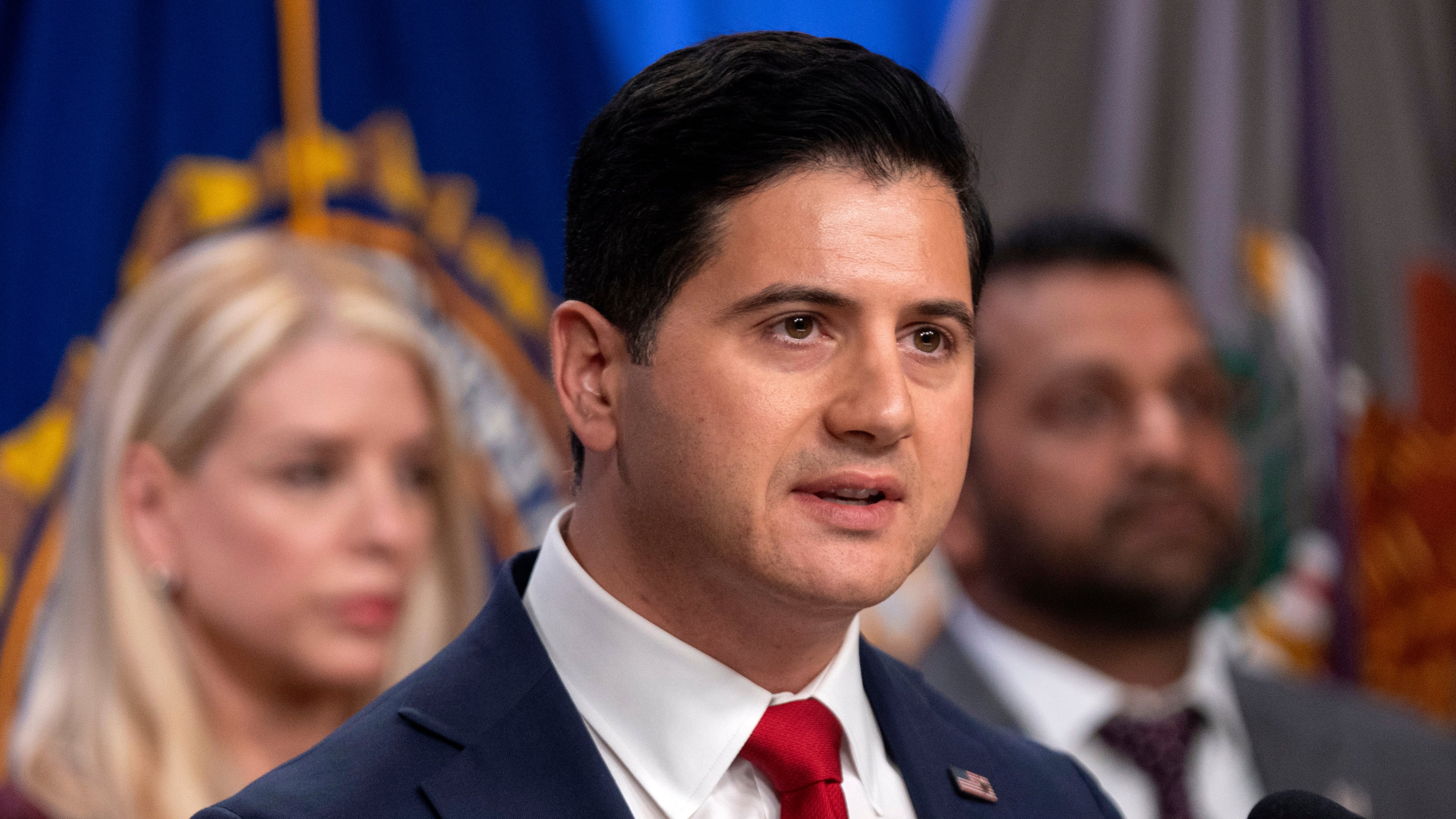 FILE - Bill Essayli, acting U.S. Attorney for the Central District of California, speaks with reporters during a news conference at the Department of Justice, Nov. 19, 2025, in Washington. (AP Photo/Mark Schiefelbein, file)
