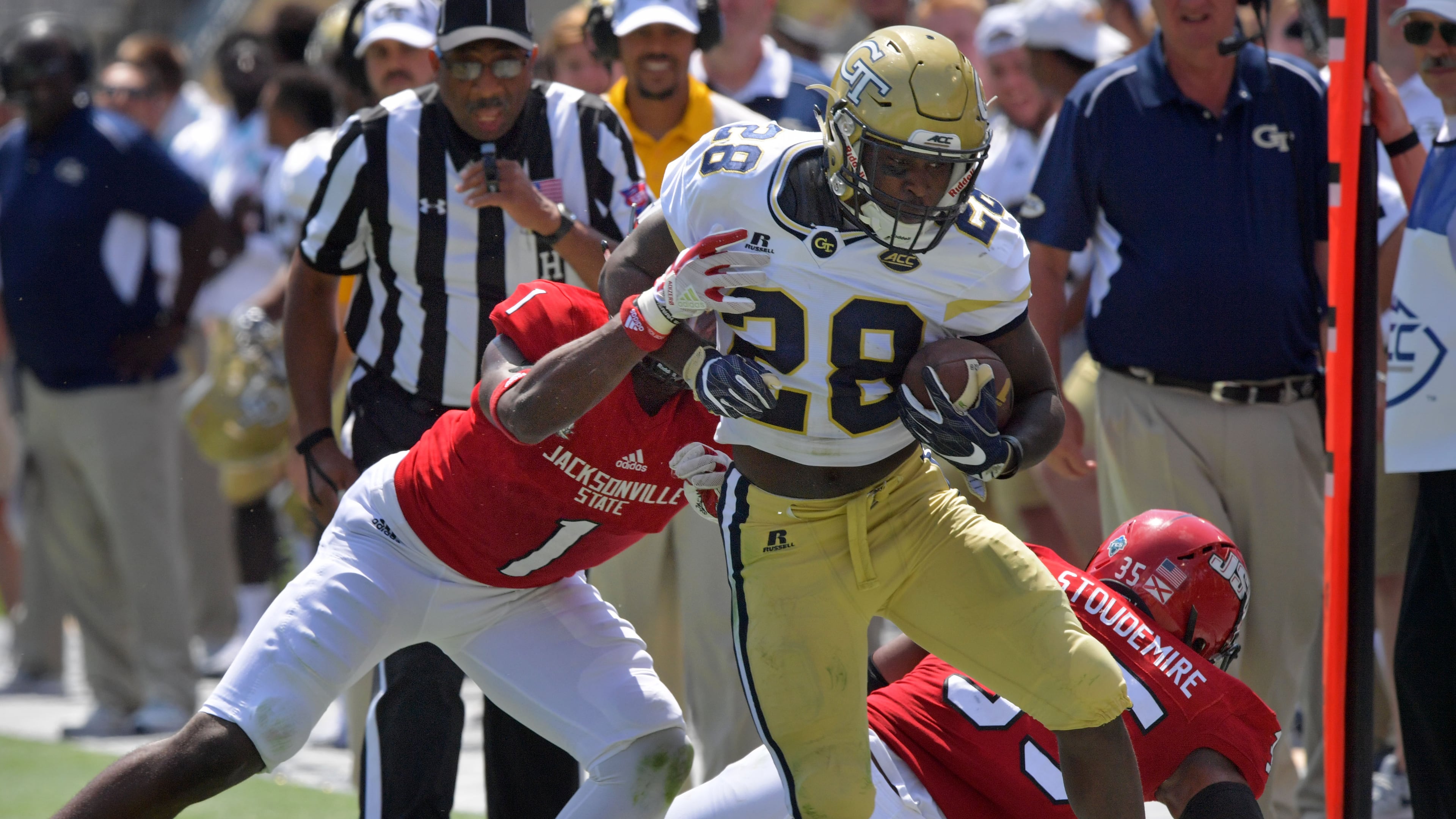 Jackets A-back J.J. Green (28) (shown here against Jacksonville State) hopes to return to action next week against Miami after missing the Jackets' 33-7 win over North Carolina. Hyosub Shin/hshin@ajc.com