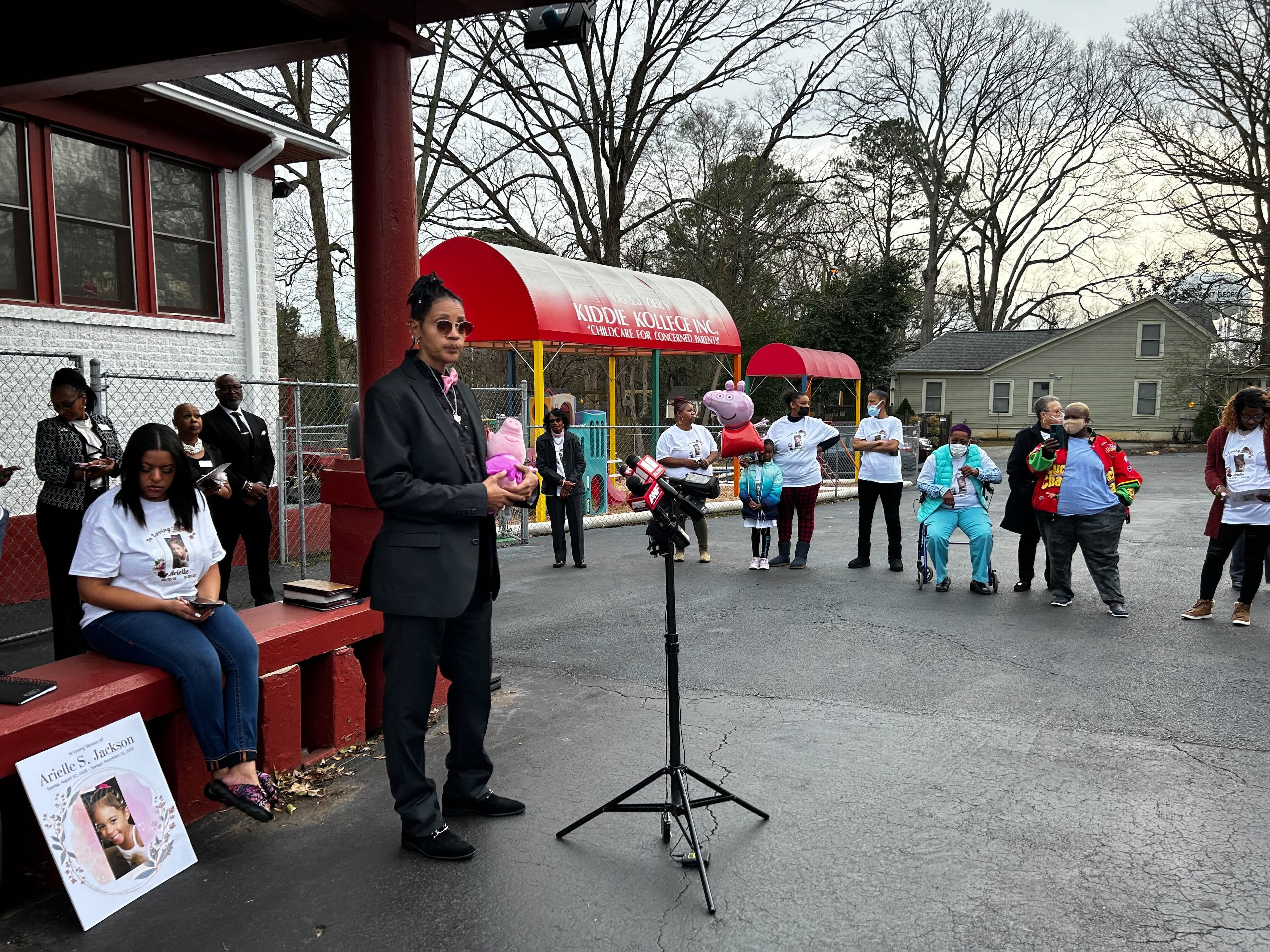 Sylear Jackson speaks at a balloon release in honor of her granddaughter Arielle Jackson that was held outside the Dozier’s Early Learning Center in East Point on Dec. 30. Arielle Jackson was found dead after an apartment fire Nov. 23.