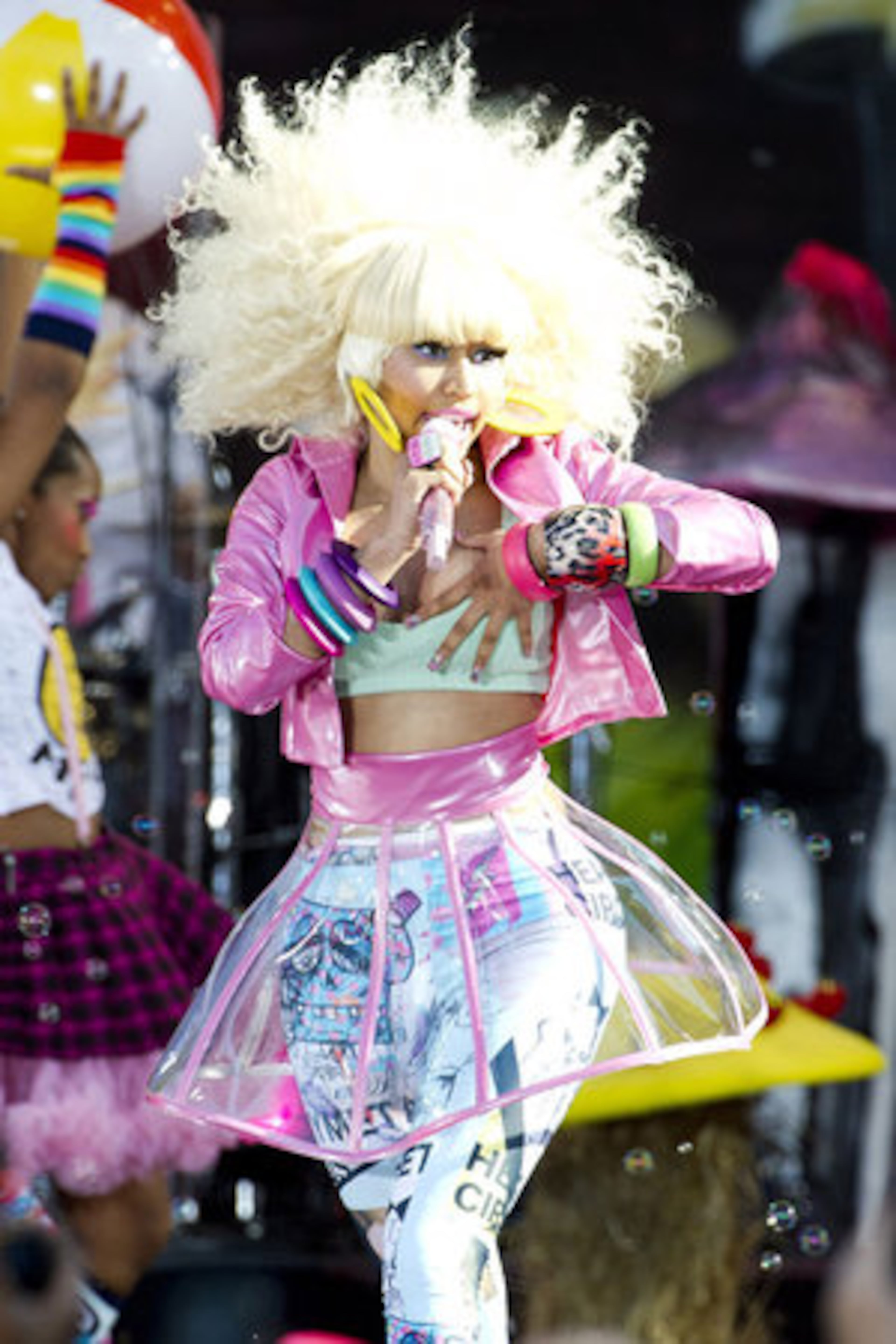 Nicki Minaj reacts moments after her chest is revealed by a wardrobe malfunction.