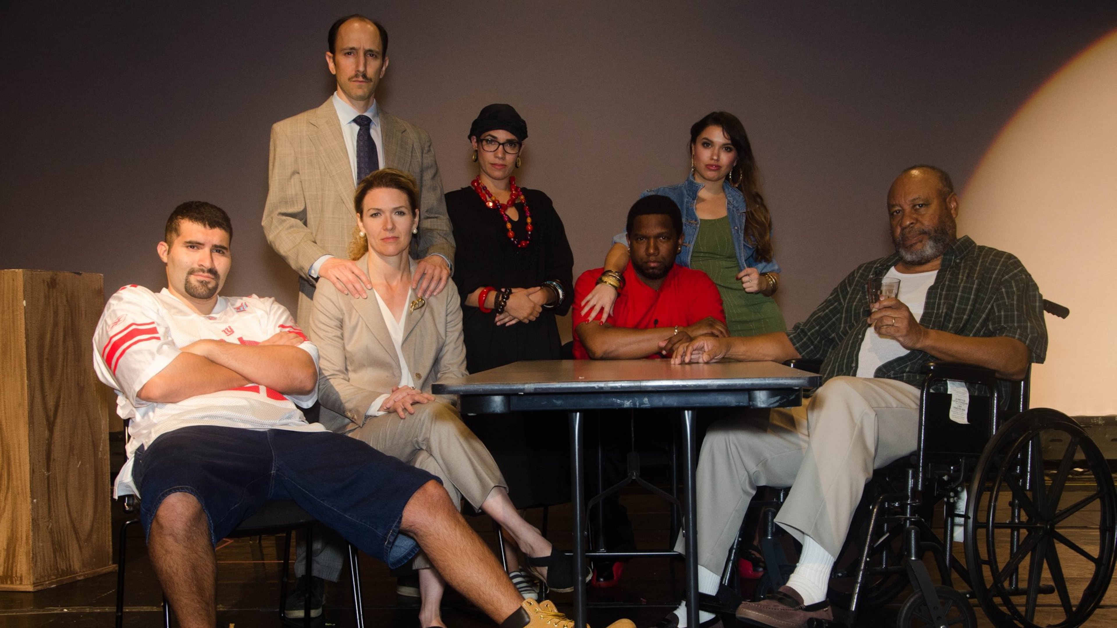 The cast of True Colors Theatre’s “Between Riverside and Crazy,” shown here in the rehearsal room, consists of Cristian Gonzalez, Andrew Benator, Jerri Tubbs (seated, in front of Benator), Diany Rodriguez, Keith Arthur Bolden, Annamaria Dvorak and Earl Billings. PHOTO CREDIT: QueendomLI Azania