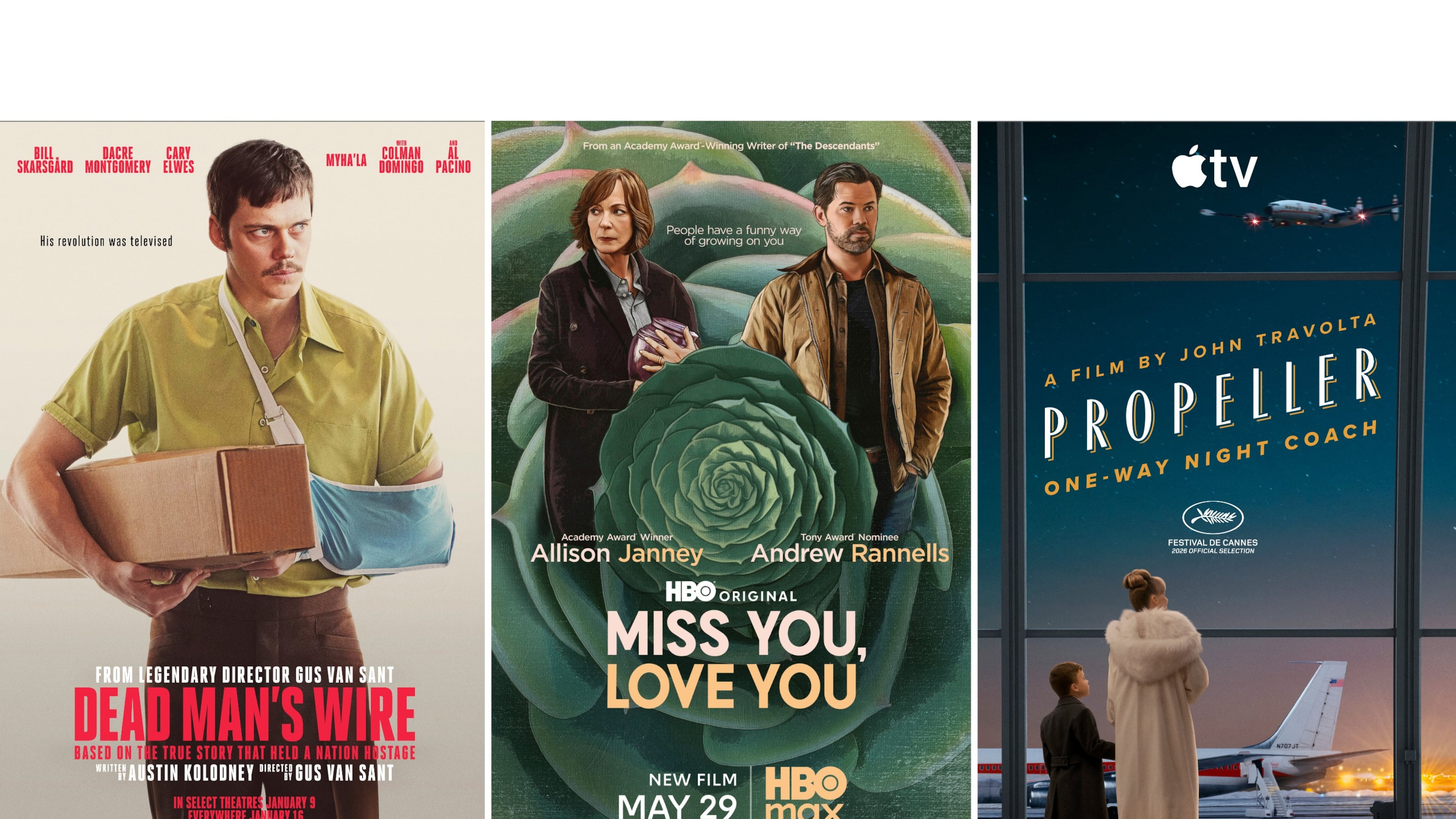 This combination of images shows promotional art for the films, from left, "Dead Man's Wire," "Miss You, Love You," and "Propeller One-Way Night Coach." (Row K/HBO Max/Apple via AP)
