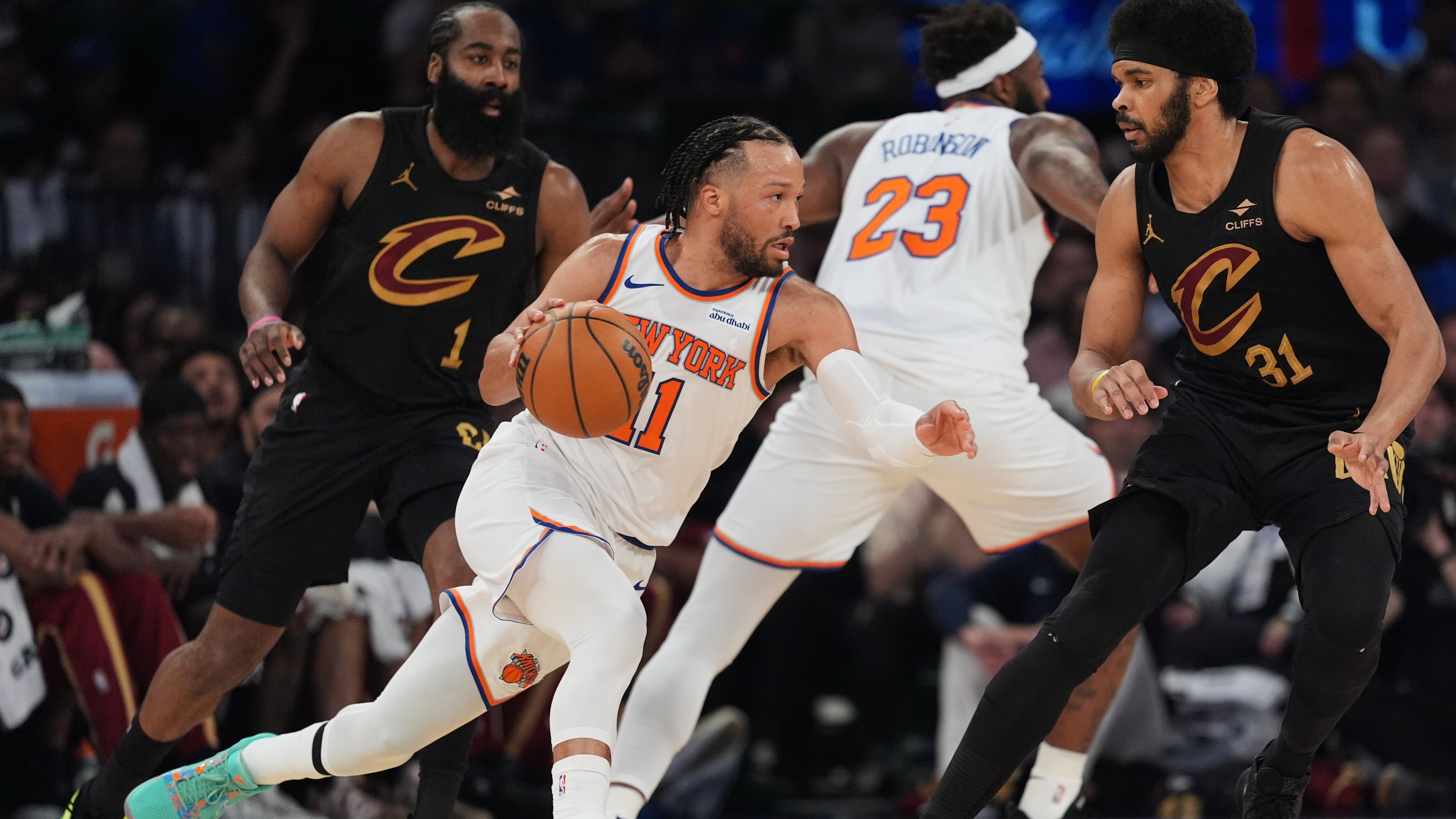 New York Knicks' Jalen Brunson (11) moves around the Cleveland Cavaliers defense during the first half of Game 1 in the Eastern Conference finals NBA basketball playoffs series Tuesday, May 19, 2026, in New York. (AP Photo/Seth Wenig)