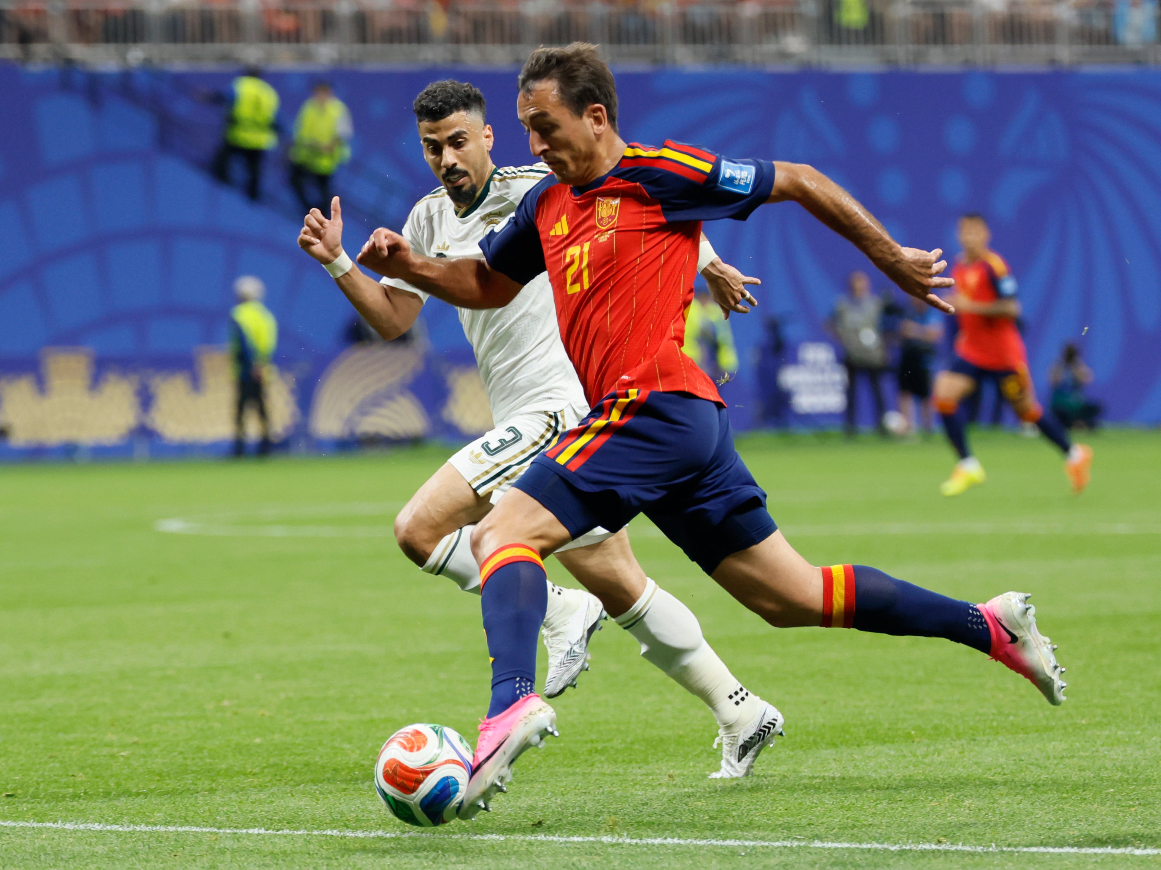 Spain's Mikel Oyarzabal (right) controls the ball past Saudi Arabia's Ali Lajami during the first half of the Spain vs. Saudi Arabia World Cup match Sunday, June 21, 2026, at Atlanta Stadium. (Miguel Martinez/AJC)