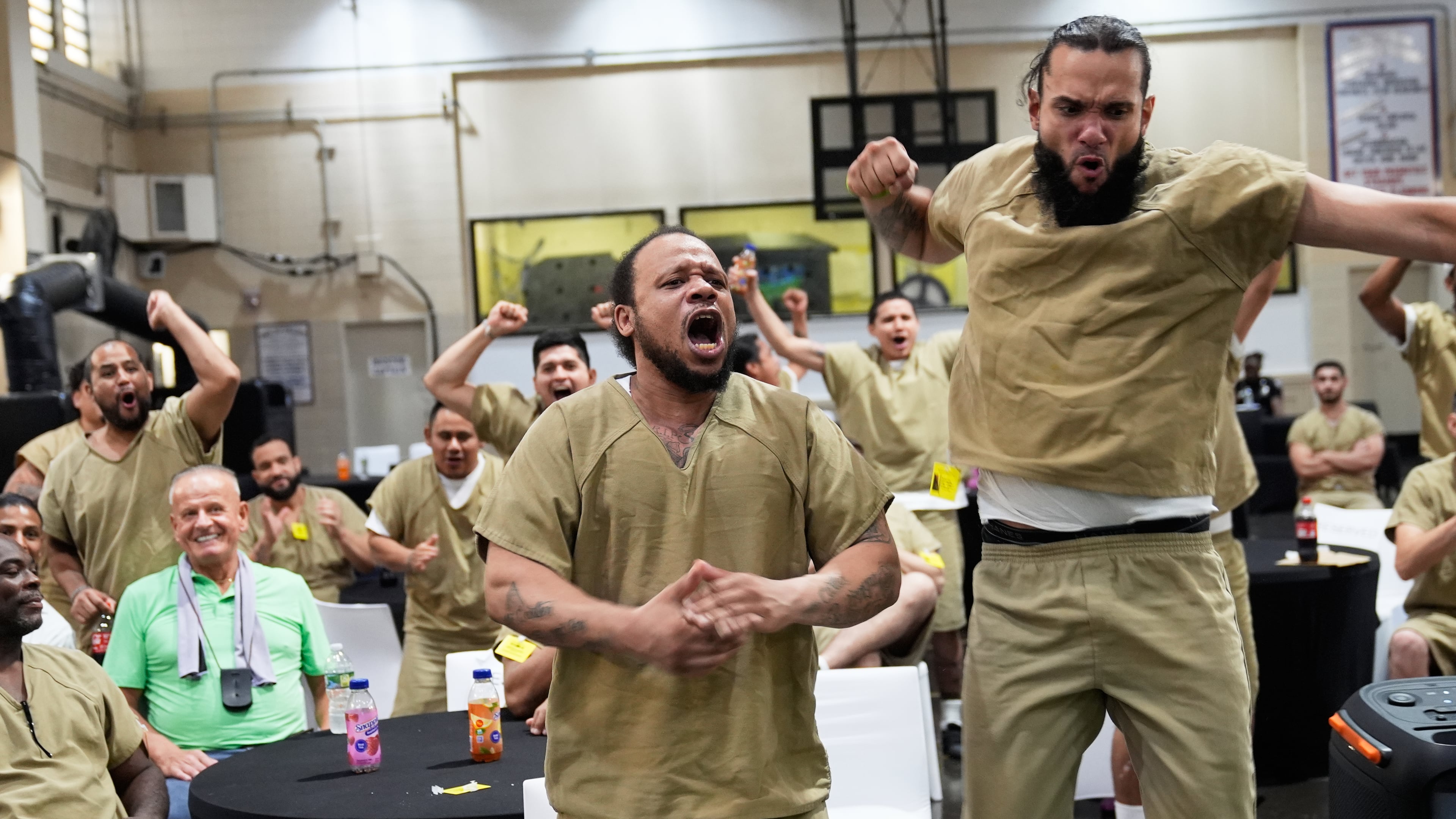 Rikers Island inmates watch the World Cup semifinal soccer match between England and Argentina, at the jail complex in New York, Wednesday, July 15, 2026. (AP Photo/Seth Wenig)