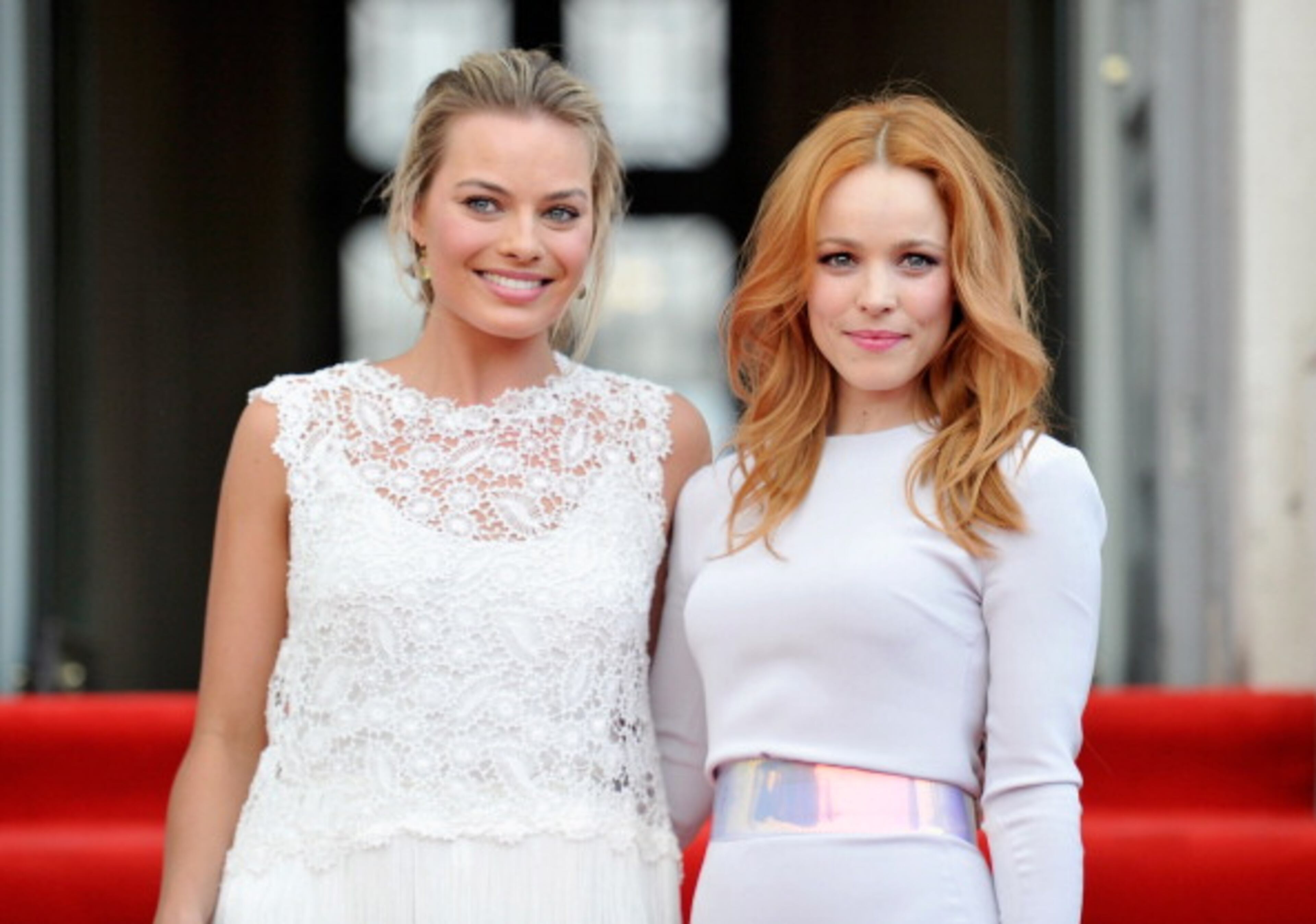 LONDON, ENGLAND - AUGUST 08: Actresses Margot Robbie and Rachel McAdams attend the "About Time" world premiere at Somerset House on August 8, 2013 in London, England. (Photo by Gareth Cattermole/Getty Images for Universal Pictures)