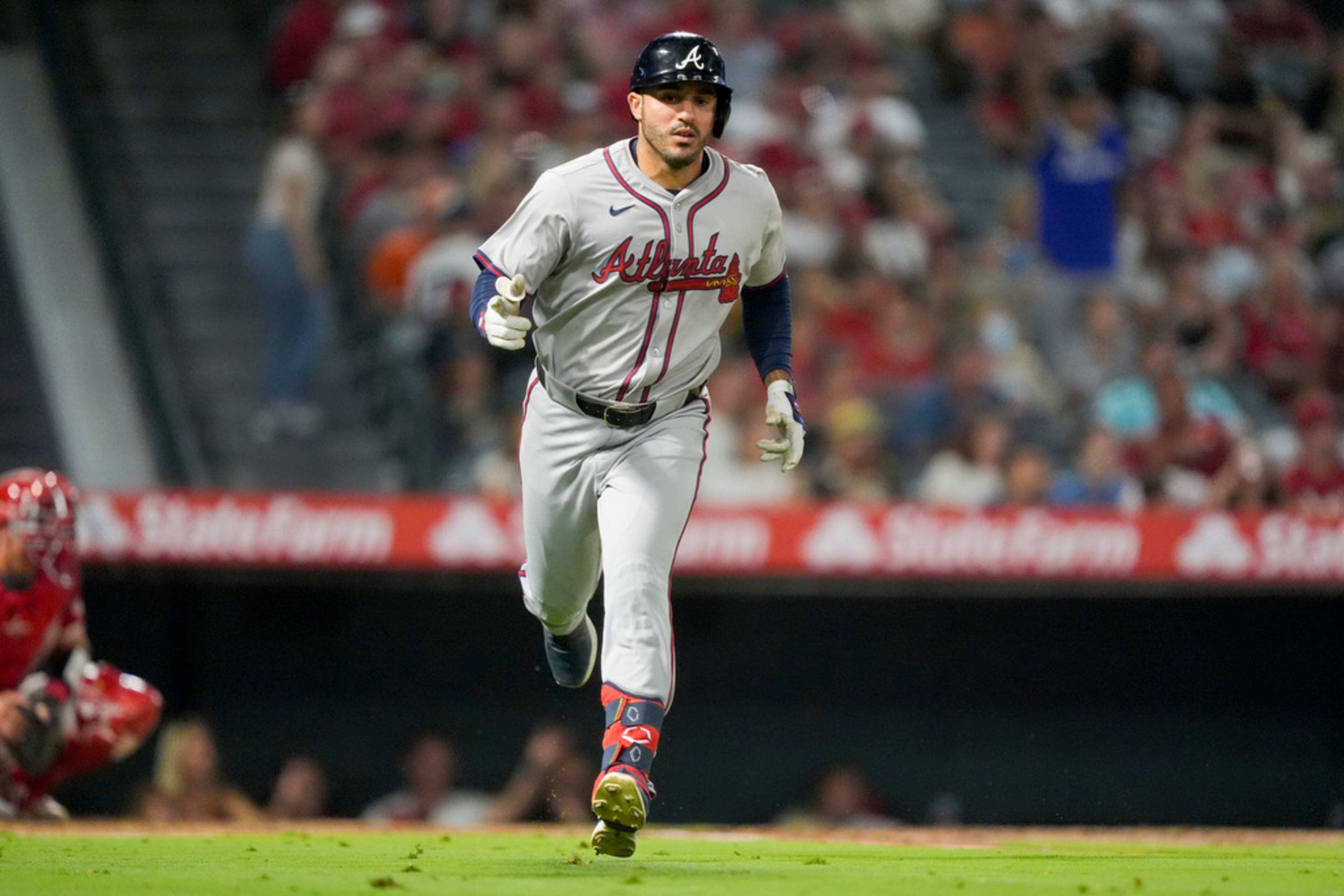Atlanta Braves' Ramon Laureano celebrates his two-run home run during the fifth inning of a baseball game against the Los Angeles Angels, Saturday, Aug. 17, 2024, in Anaheim, Calif. (AP Photo/Ryan Sun)