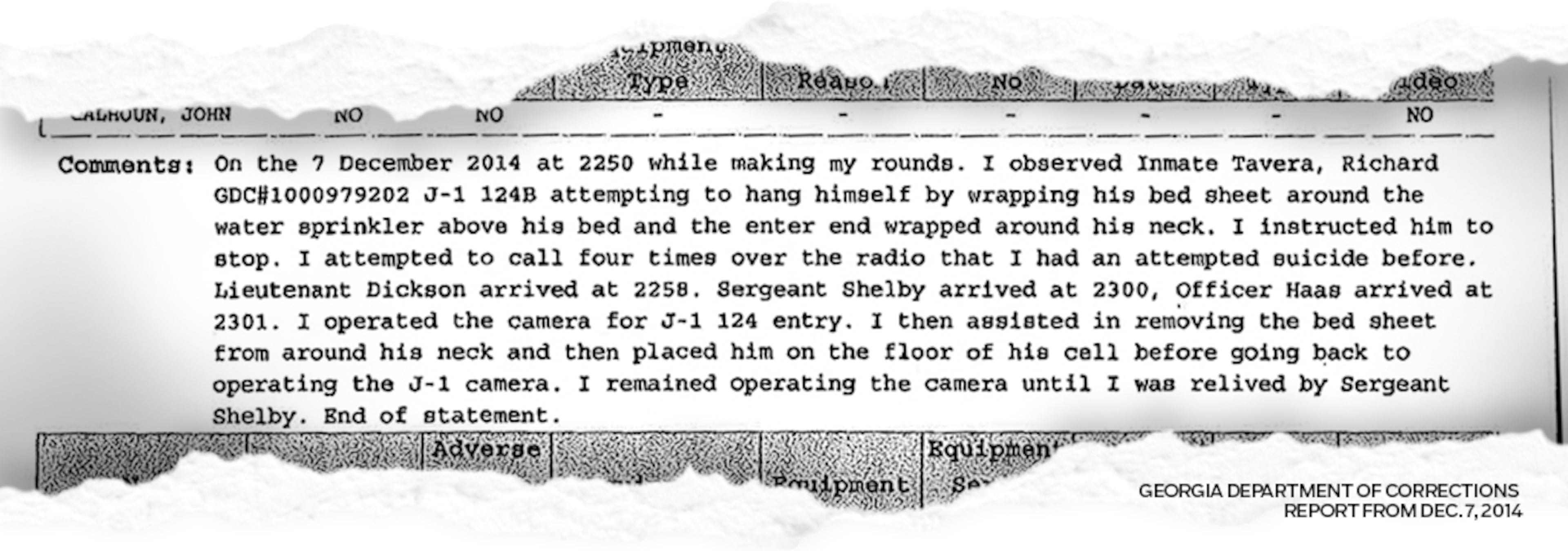 Corrections Officer John Calhoun's incident summary report on Richard Tavera's suicide in his cell at Smith State Prison.