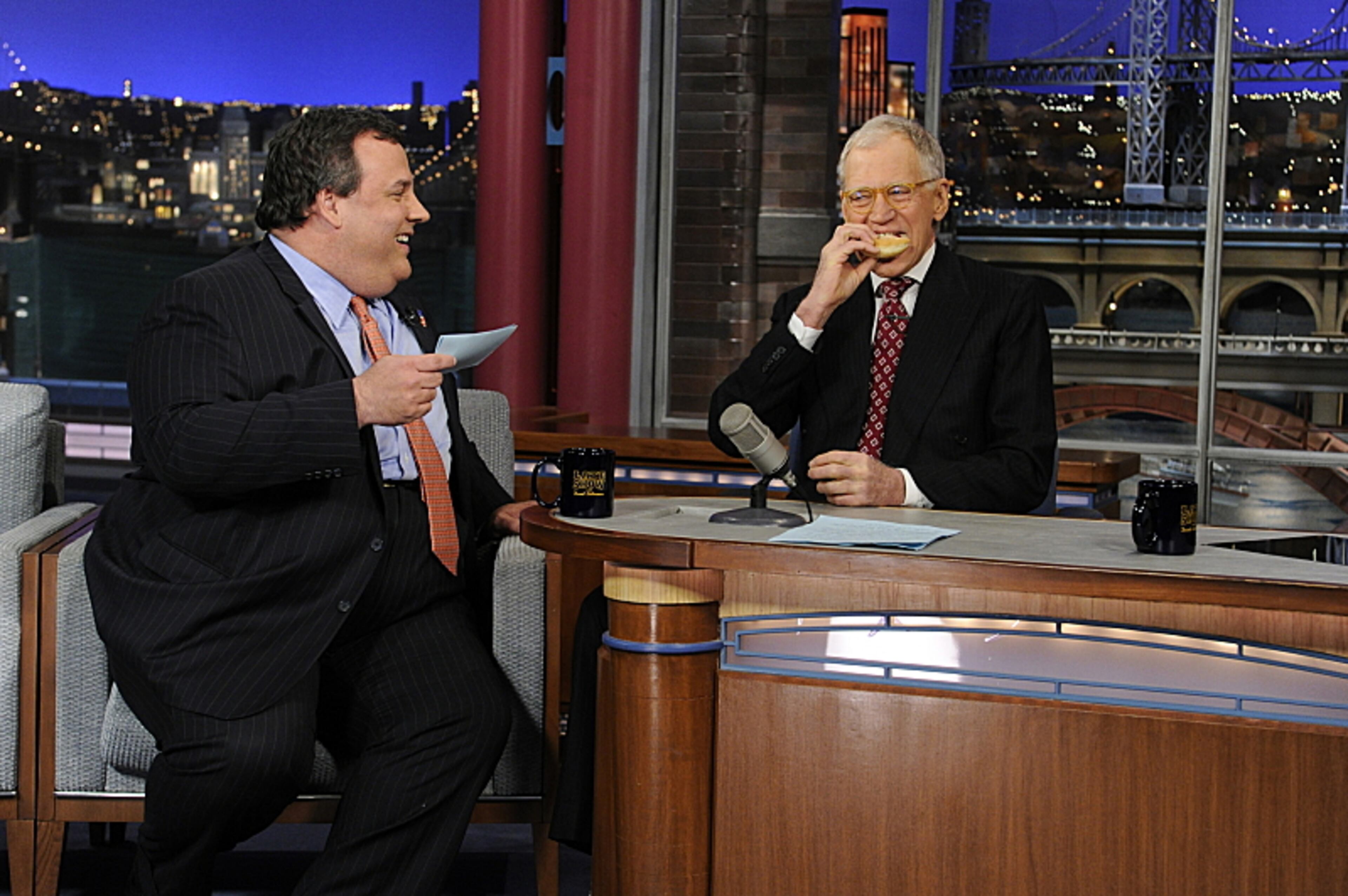 New Jersey Governor Chris Christie laughs with David Letterman when the governor makes his first visit to CBS' Late Show with David Letterman, Monday, Feb. 4. 2013 CBS Broadcasting, Inc. All Rights Reserved