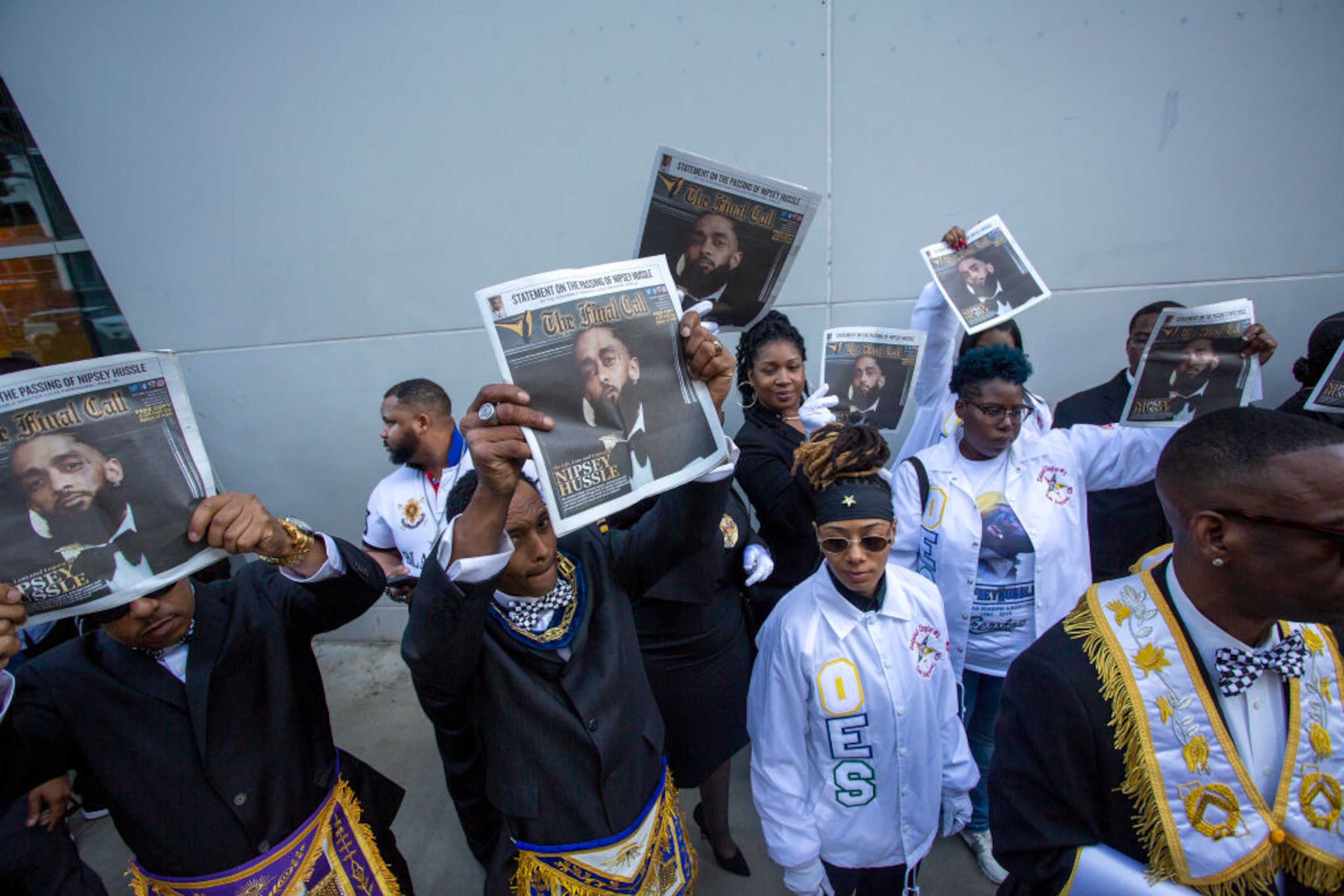LOS ANGELES, CA - APRIL 11: Masons attend a memorial celebration for slain rapper Nipsey Hussle at the STAPLES Center arena on April 11, 2019 in Los Angeles, California. Nipsey Hussle was shot and killed in front of his store, The Marathon Clothing, on March 31, 2019 in Los Angeles. (Photo by David McNew/Getty Images)