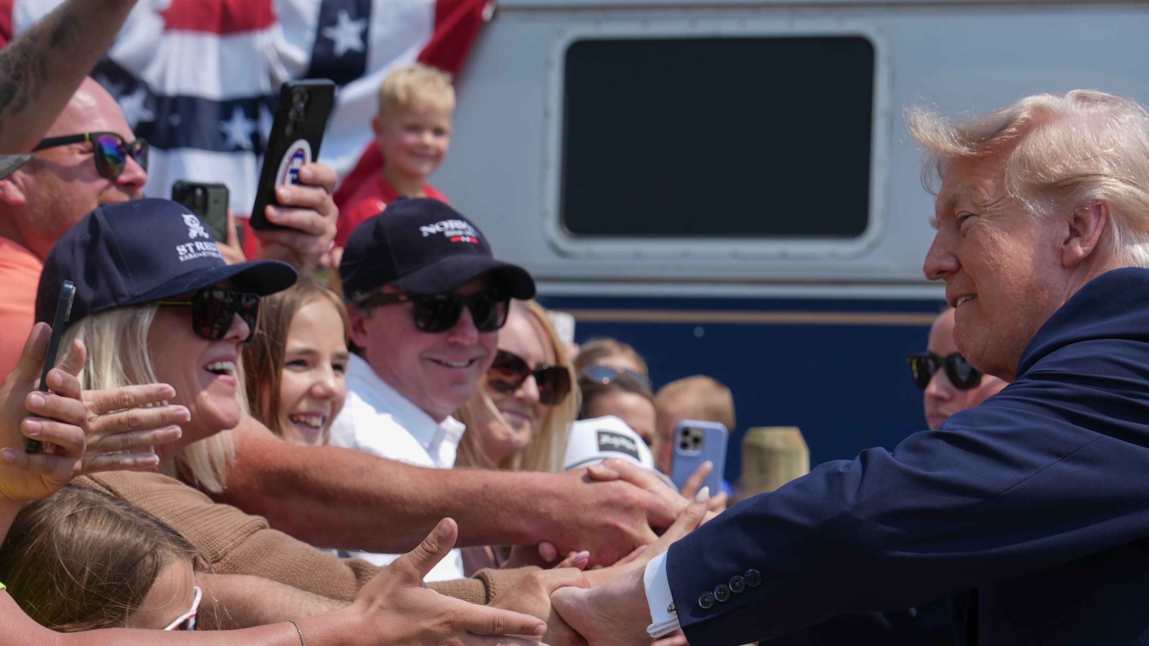 President Donald Trump greets supporters after arriving on a Freedom 250 train, Wednesday, July 1, 2026, in Medora, N.D. (AP Photo/Julia Demaree Nikhinson)
