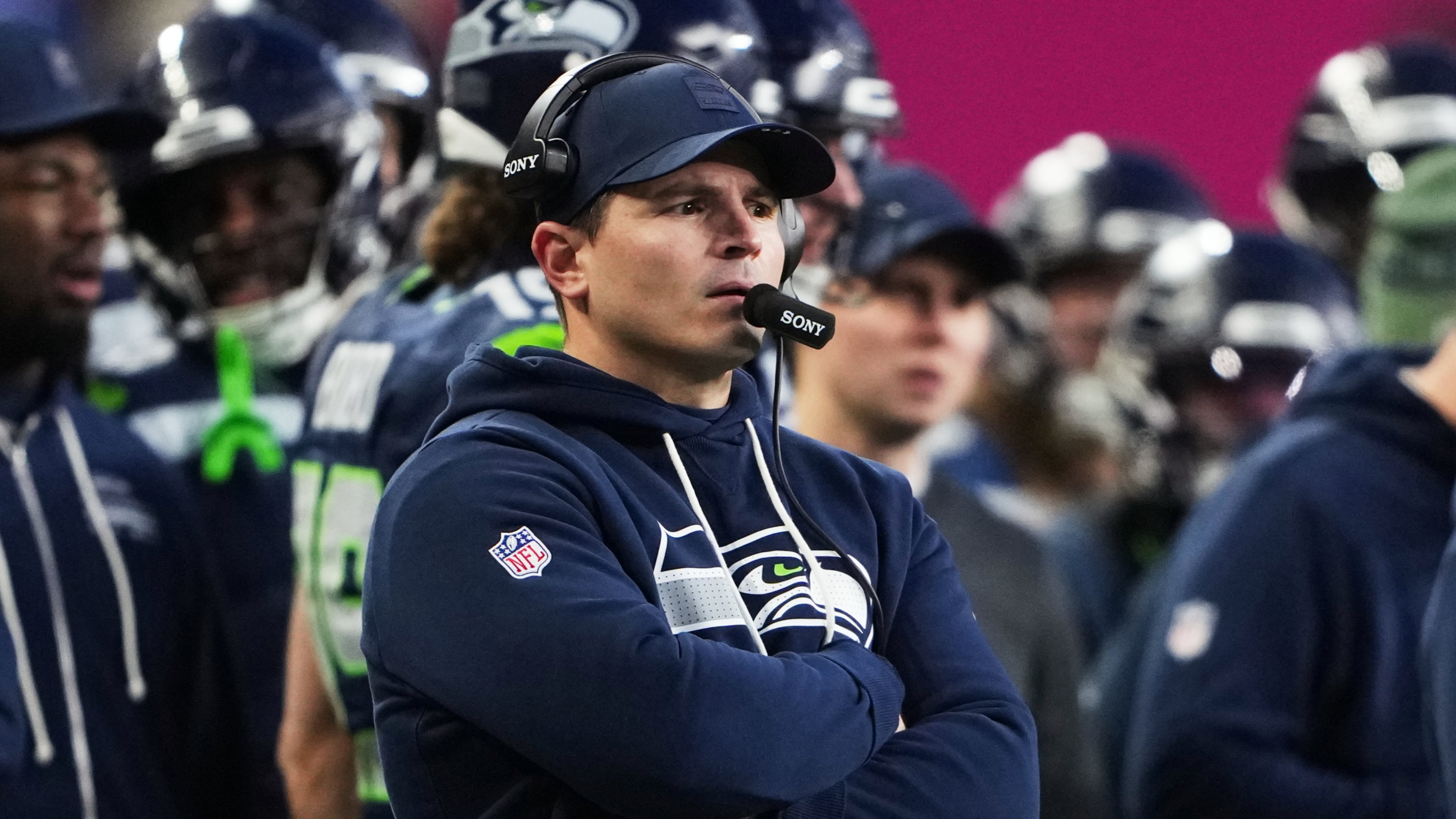 Seattle Seahawks head coach Mike Macdonald watches from the sideline during the first half of the NFC Championship NFL football game against the Los Angeles Rams, Sunday, Jan. 25, 2026, in Seattle. (AP Photo/Lindsey Wasson)