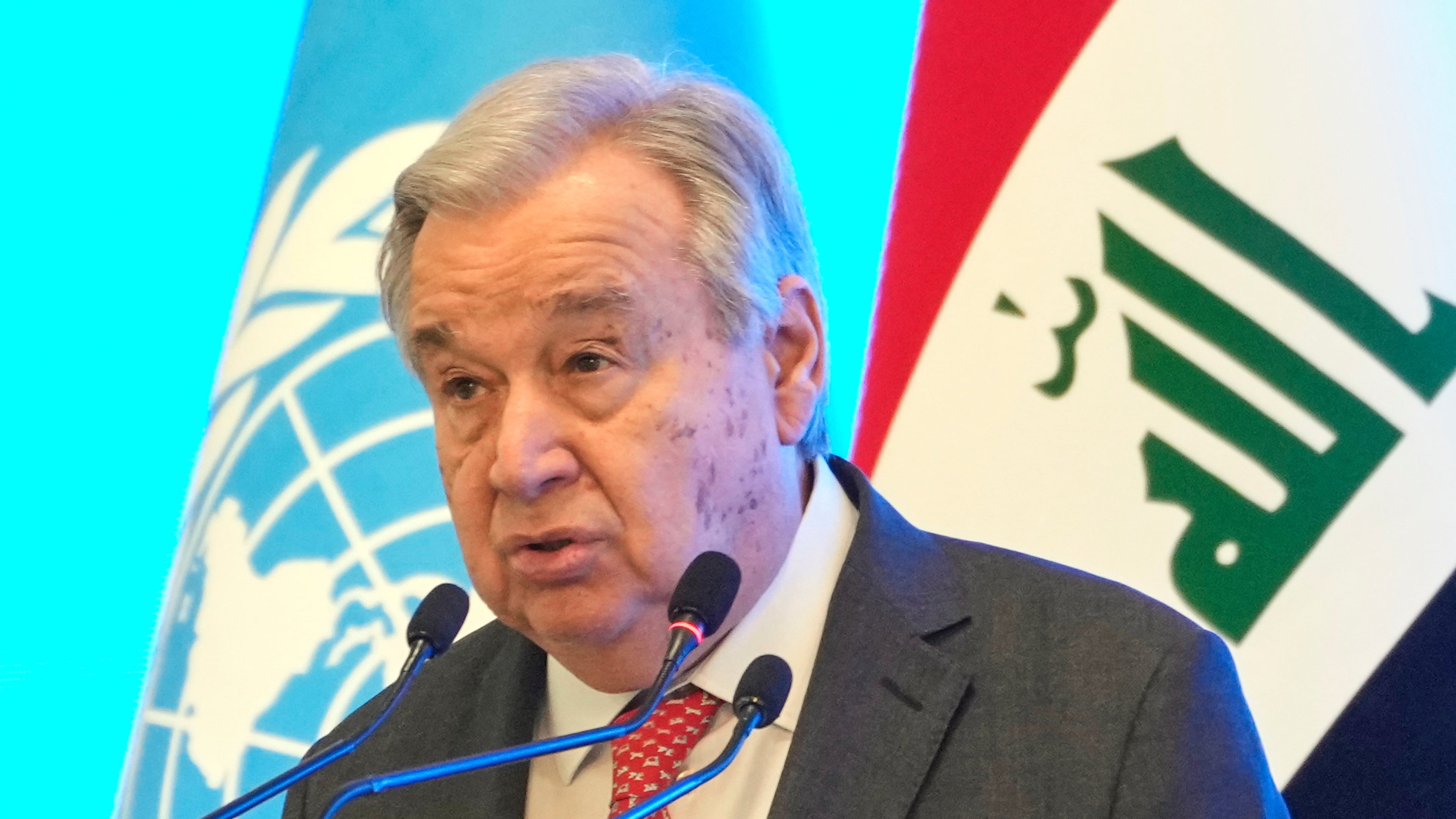 United National Secretary-General Antonio Guterres speaks during an event to mark the end of the U.N. political mission, in Baghdad, Iraq, Saturday, Dec. 13, 2025. (AP Photo/Hadi Mizban)