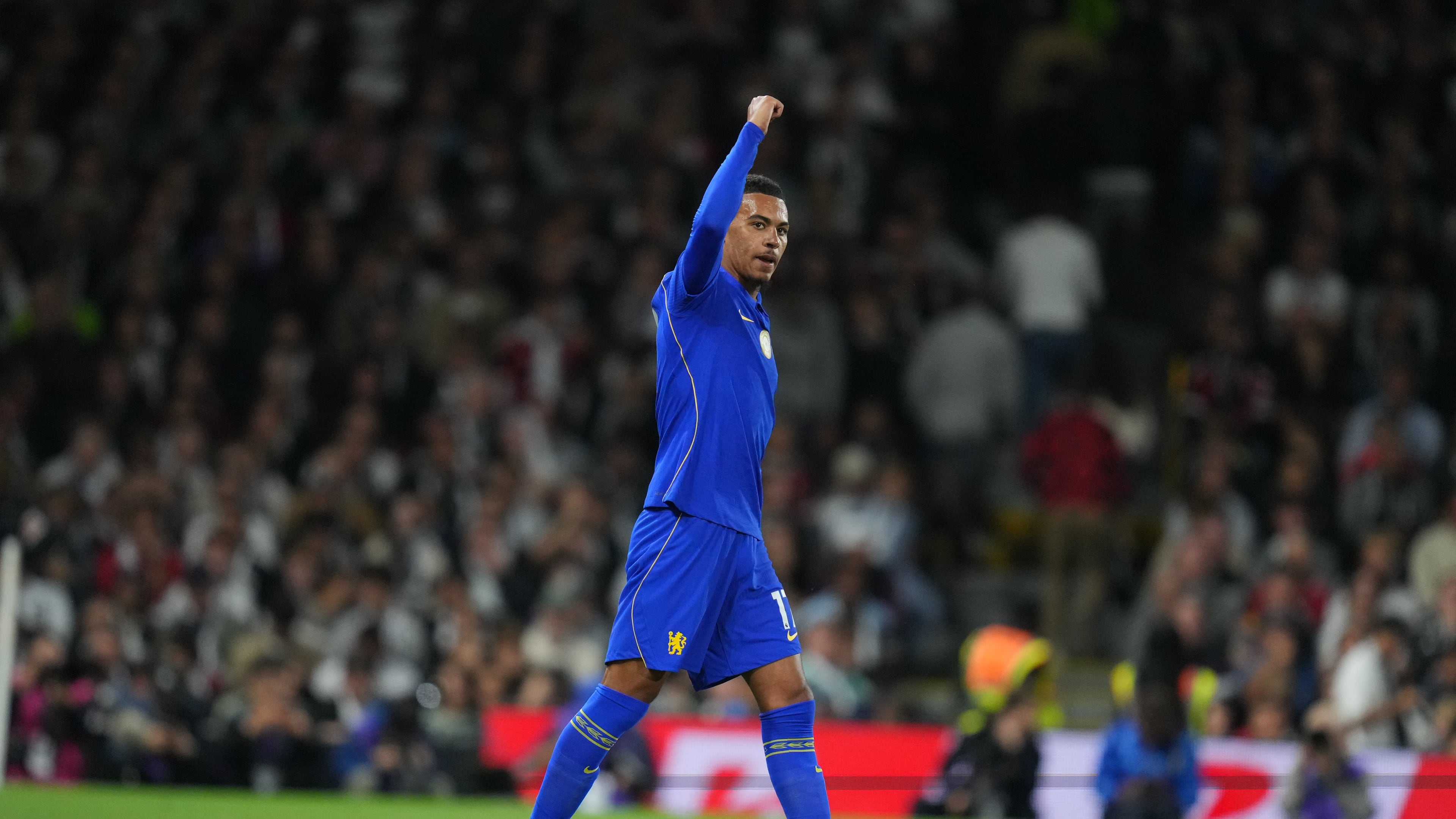 Chelsea's Morgan Rogers celebrates after scoring during the English Premier League soccer match between Fulham and Chelsea in London, Monday, Aug. 24, 2026. (AP Photo/Kirsty Wigglesworth)