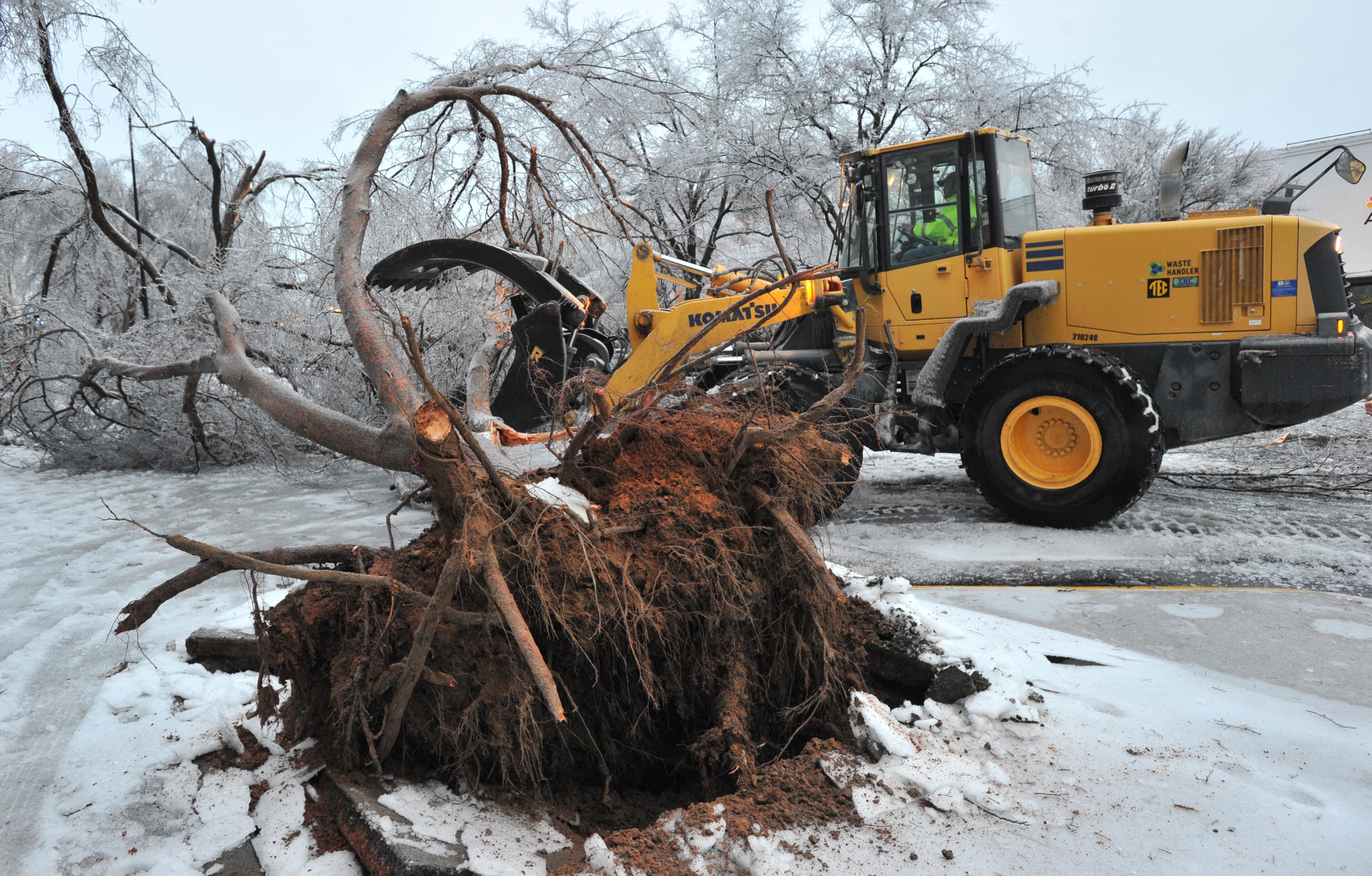 Clayton Smith with City of Augusta cuts down tree limbs and clears the road on Broad Street in downtown Augusta on Thursday, February 13, 2014. HYOSUB SHIN / HSHIN@AJC.COM