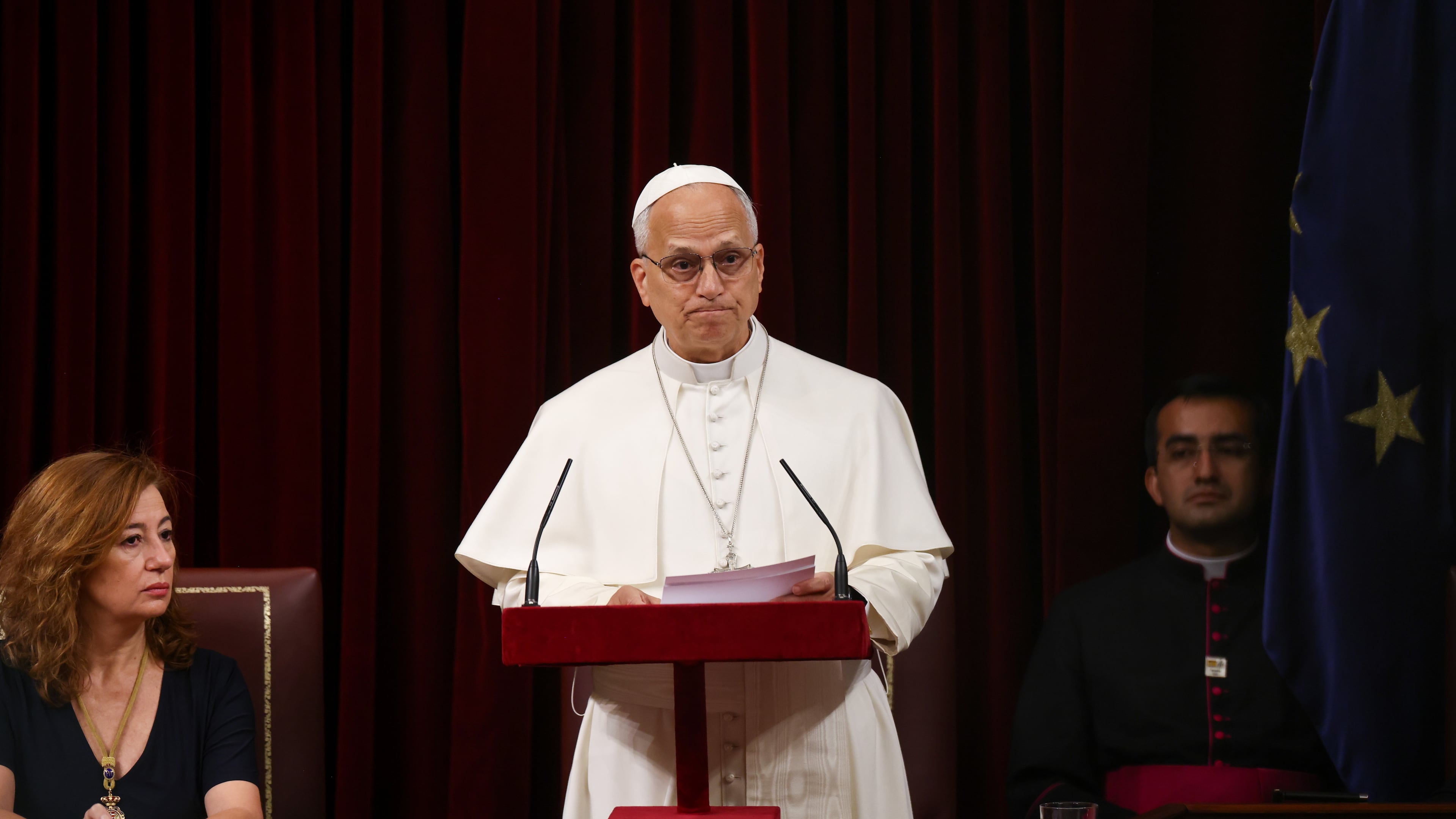 Francina Armengol, President of the Congress of Deputies of Spain, looks on as Pope Leo XIV speaks at the Spanish Parliament in Madrid, Monday, June 8, 2026. (Yara Nardi/Pool Photo via AP)