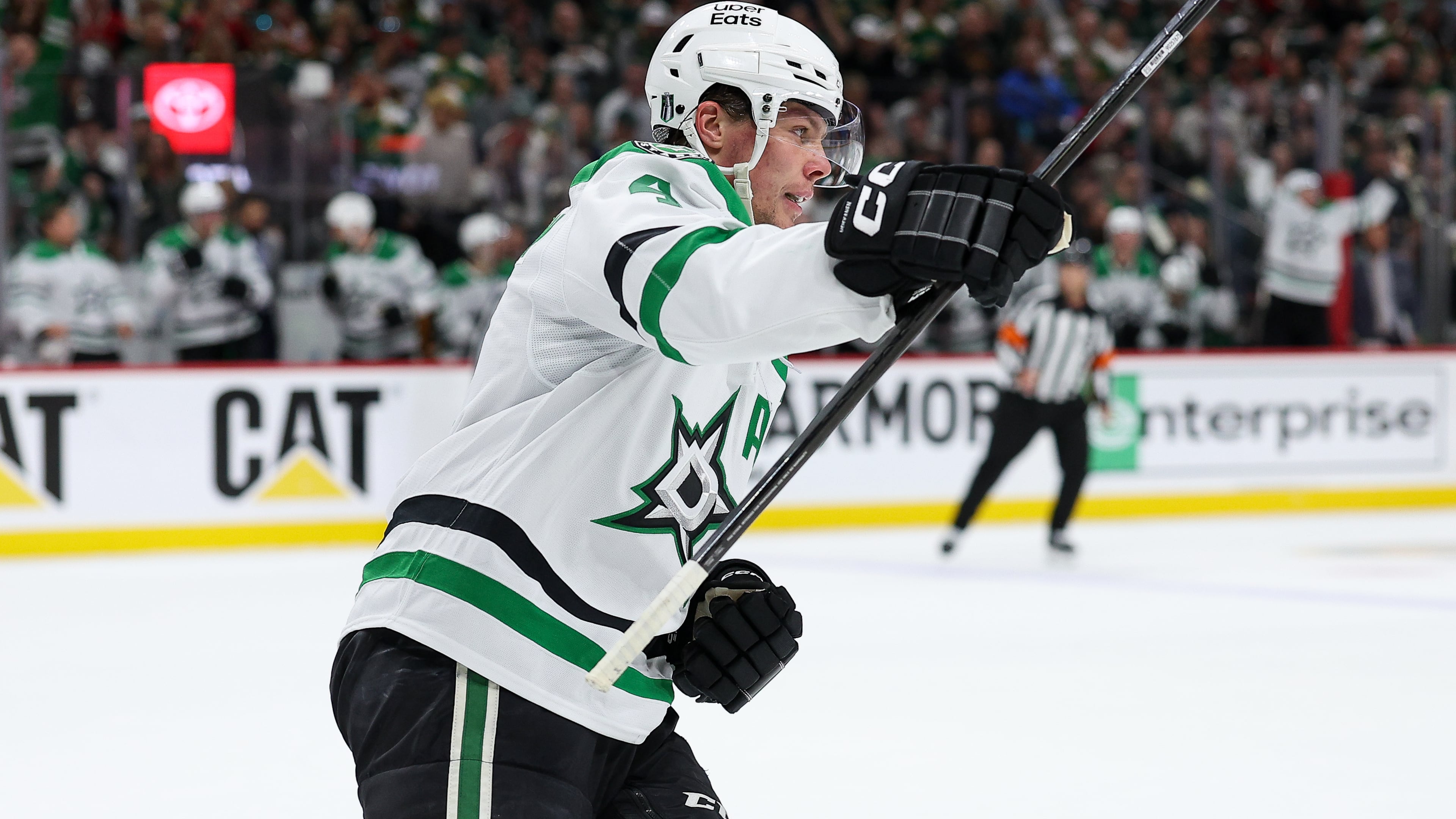 Dallas Stars defenseman Miro Heiskanen celebrates after his goal against the Minnesota Wild during the second period of Game 4 in the first round of the NHL Stanley Cup hockey playoffs Saturday, April 25, 2026, in St. Paul, Minn. (AP Photo/Matt Krohn)