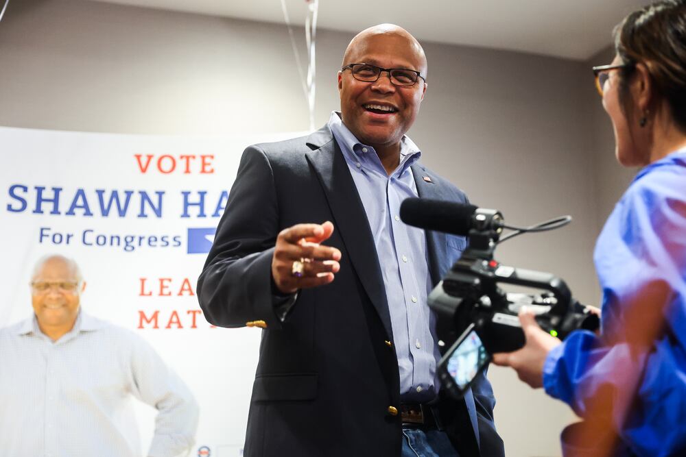 Democrat Shawn Harris attends his watch party at the Marriott Riverwalk in Rome on Tuesday, April 7, 2026. (Abbey Cutrer/AJC)