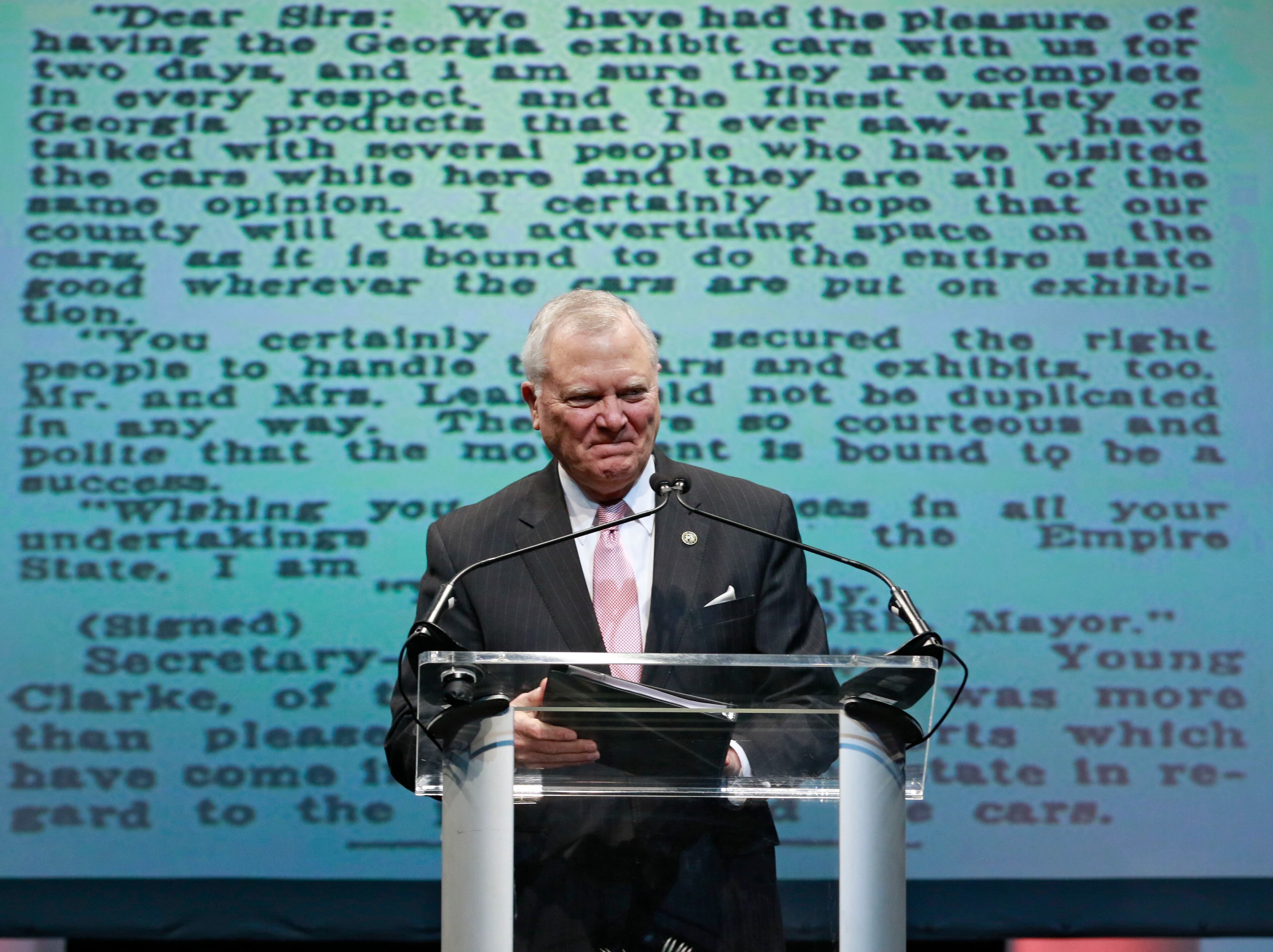 Governor Nathan Deal prepares to deliver his address. Deal, U.S. Senator Johnny Isakson, Lieutenant Governor Casey Cagle, and House Speaker David Ralston were featured speakers at the Georgia Chamber of Commerce's annual Eggs & Issues Breakfast. The event was expected to attract more than 2,000 Georgians, including many of the state's elected officials and business leaders. BOB ANDRES / BANDRES@AJC.COM