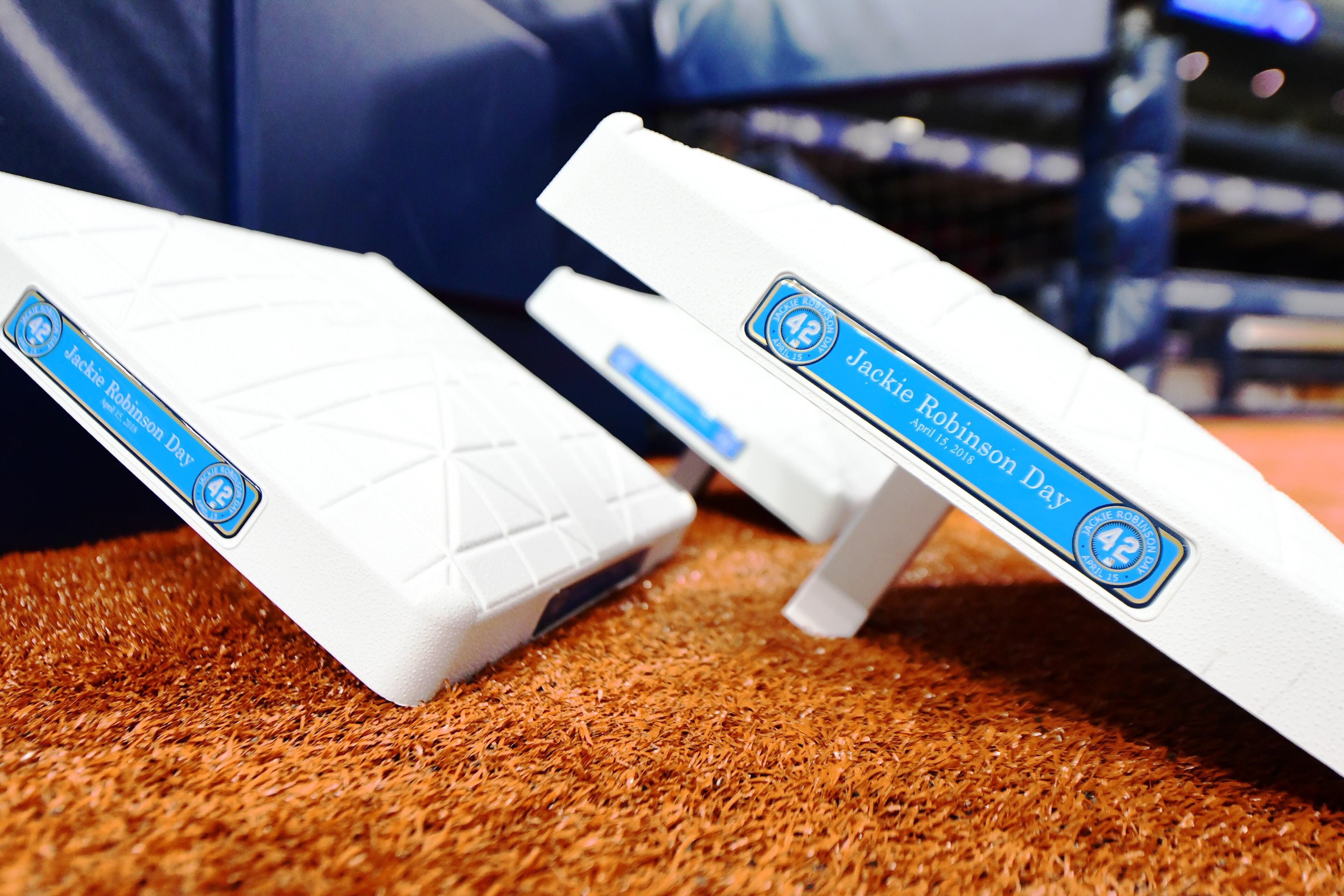 ST PETERSBURG, FL - APRIL 15: General view of the Jackie Robinson base plates prior to the Philadelphia Phillies taking on the Tampa Bay Rays on April 15, 2018 at Tropicana Field in St Petersburg, Florida. (Photo by Julio Aguilar/Getty Images)