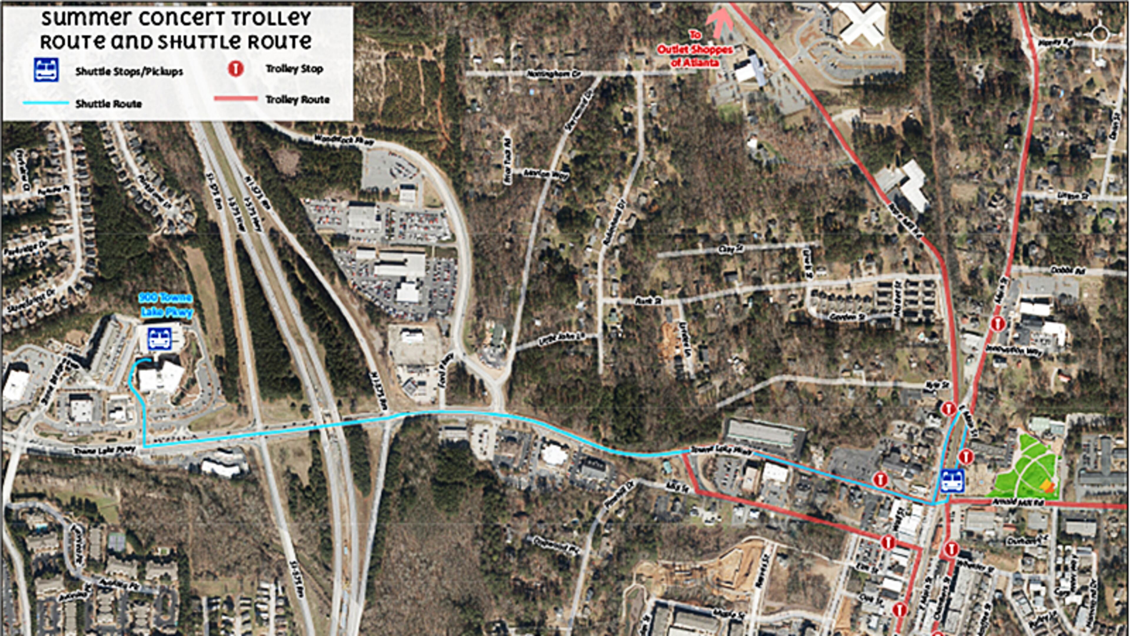 Map depicts the routes of the free shuttle bus (in blue) and downtown trolley (in red) to operate Saturday evening in Woodstock for the Summer Concert Series performance of “Drivin N Cryin.” CITY OF WOODSTOCK