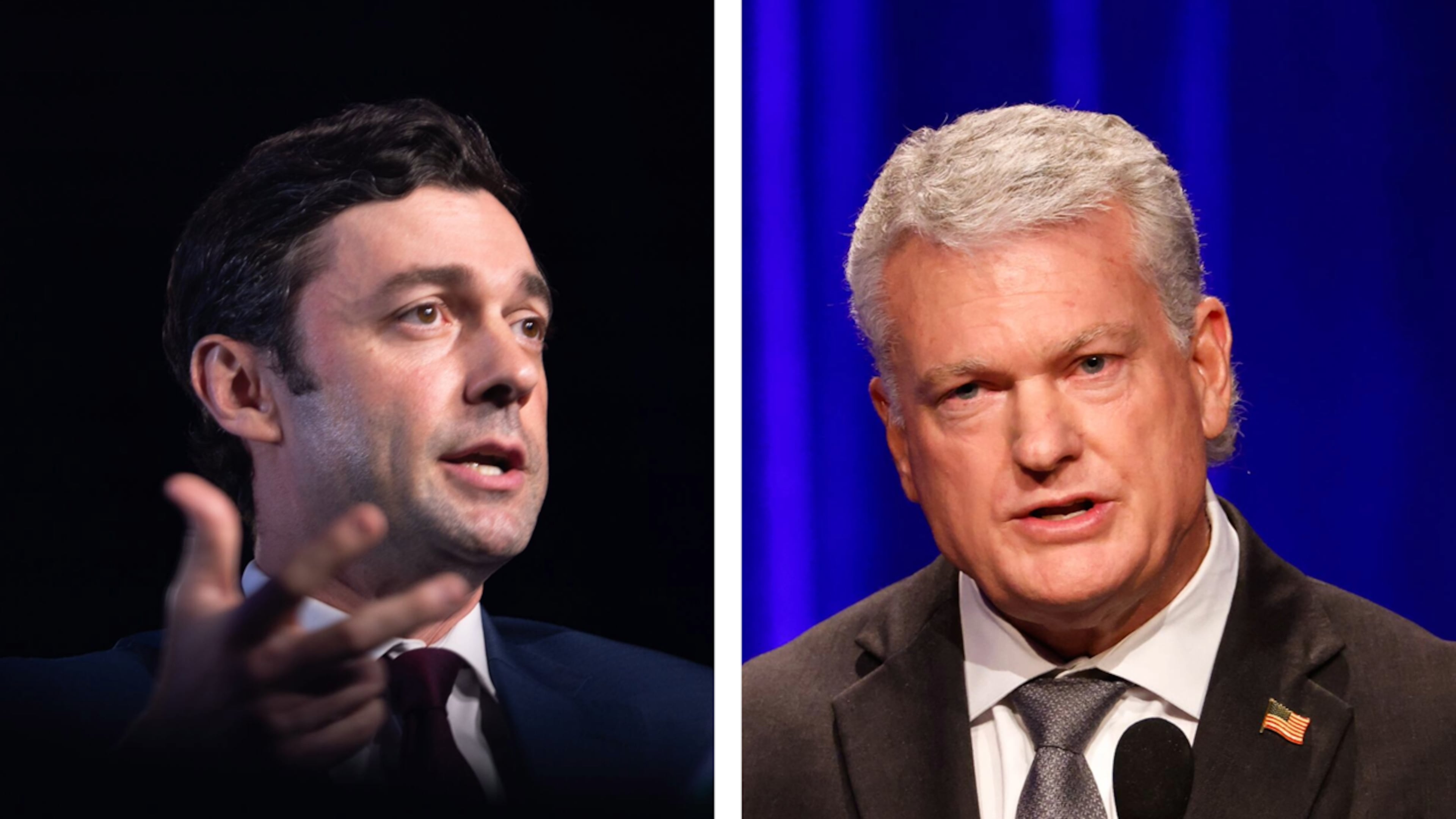 Democratic U.S. Sen. Jon Ossoff, left, and Republican U.S. Senate nominee Mike Collins. (Arvin Temkar/AJC)